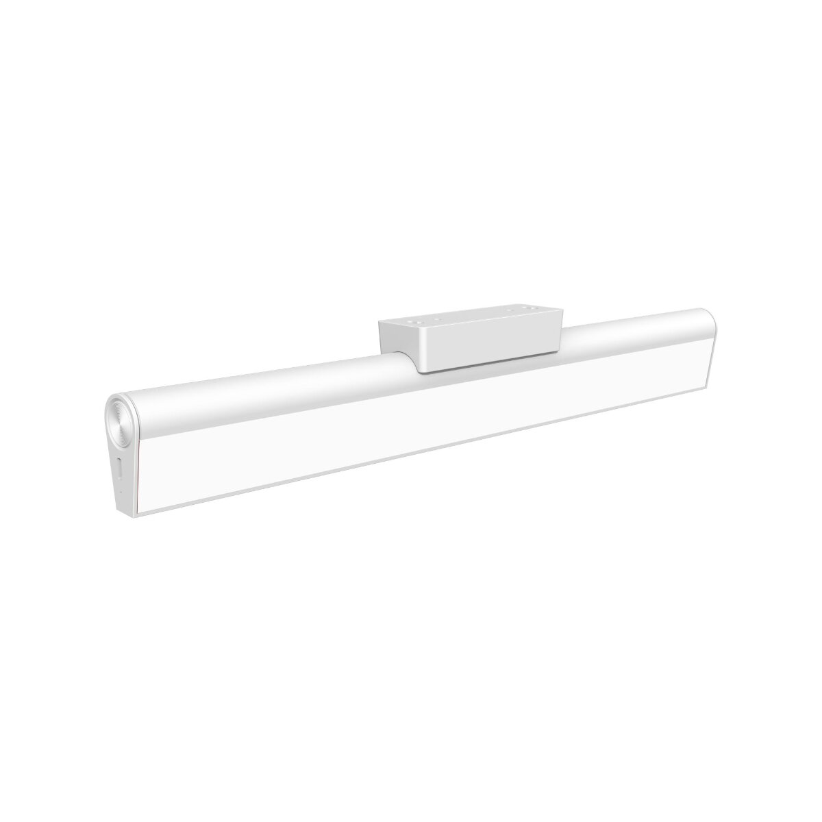 Eine weiße LED-Schreibtischlampe mit einem langen, zylindrischen Leuchtkörper und Halterung.