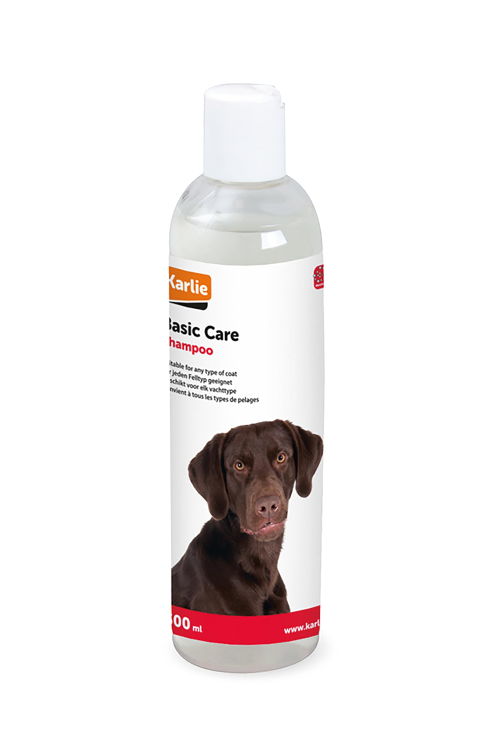 Eine transparente Flasche Karlie Basic Care Shampoo für Hunde mit weißem Etikett und braunem Hundekopf.
