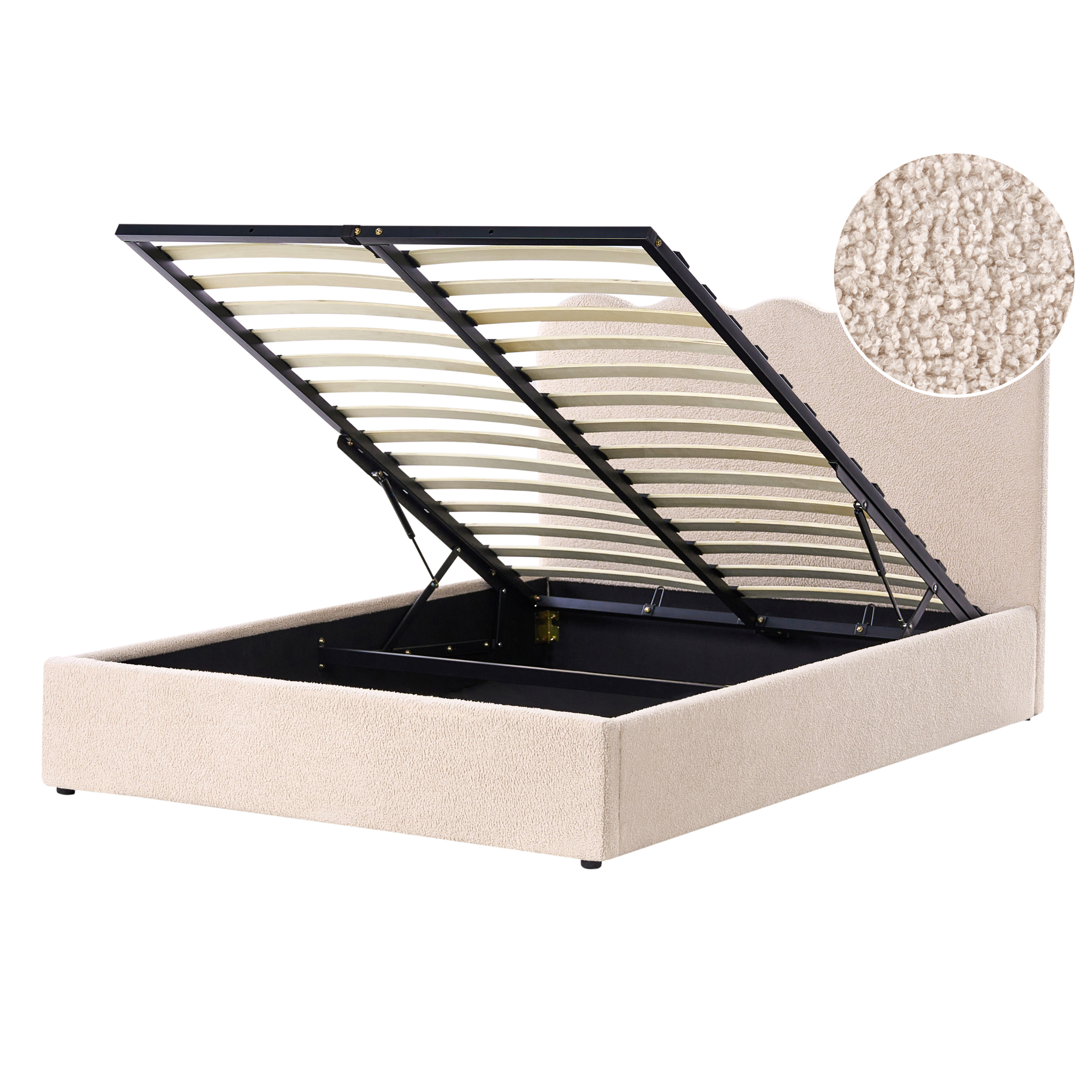 Letto imbottito beige con rete sollevabile e vano portaoggetti, dettaglio del tessuto in alto a destra.