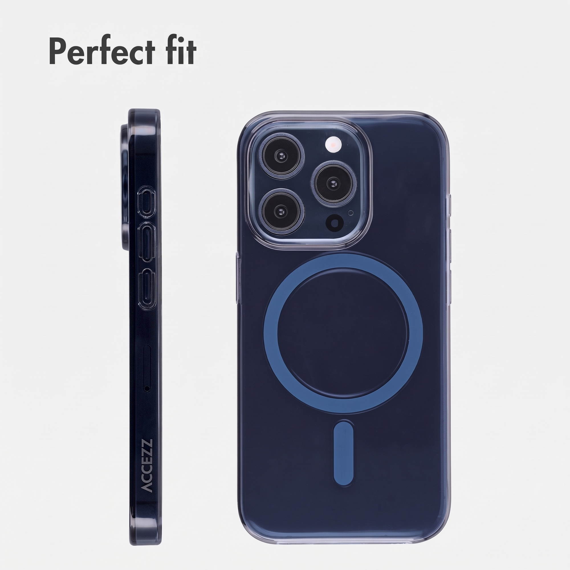 Ein Smartphone in einer dunkelblauen Hülle, Rückseite mit MagSafe-Kreis und Seitenansicht mit Tasten. Text: Perfect fit.