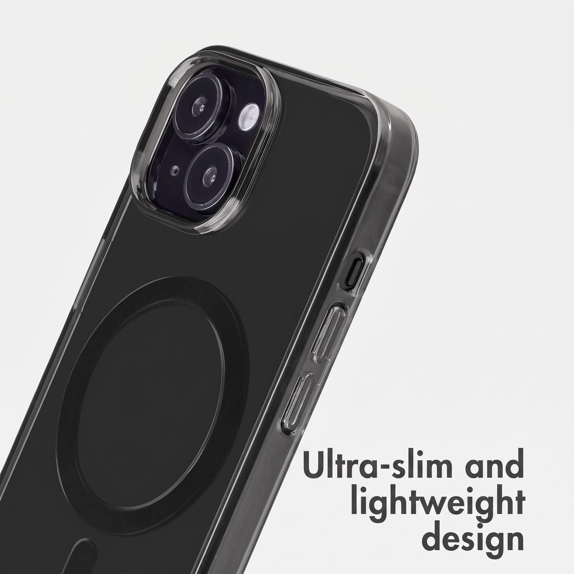 A black smartphone in a clear case with a MagSafe ring on the back against a white background.