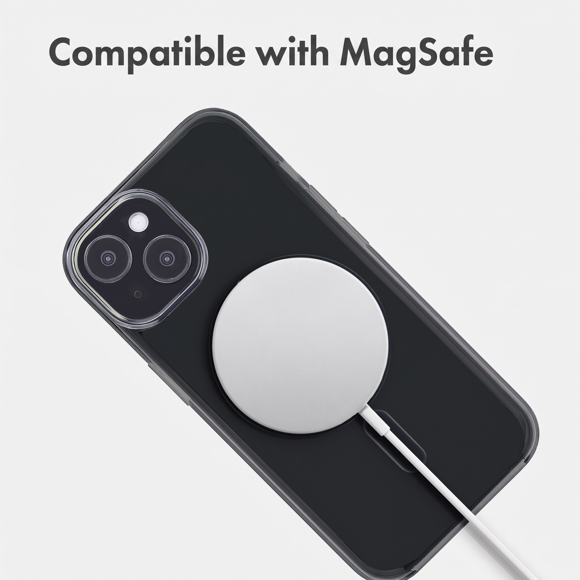 A black smartphone in a clear case with a MagSafe charger attached on the back, against a white background.