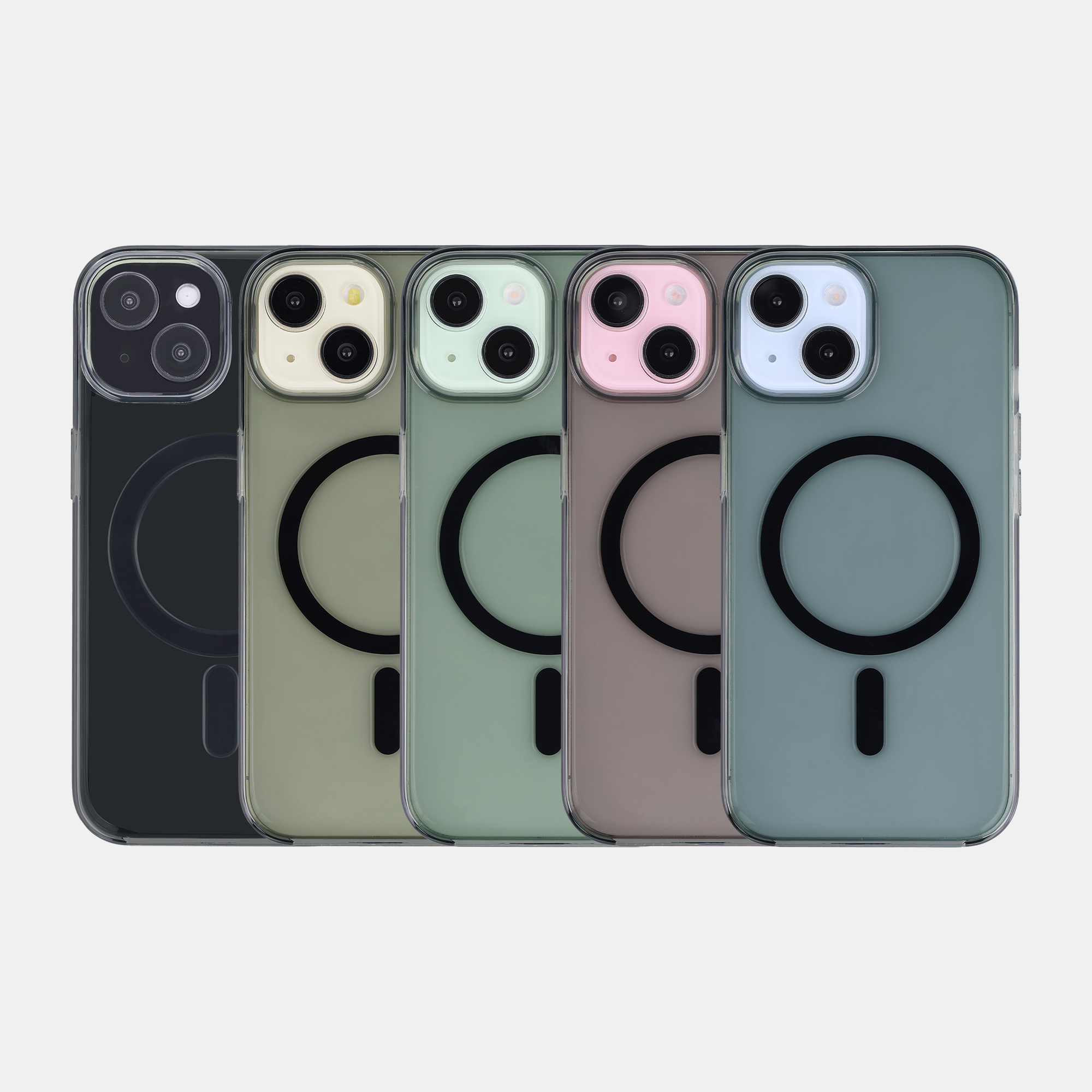 Five smartphones with colorful transparent MagSafe cases aligned horizontally on a white background.