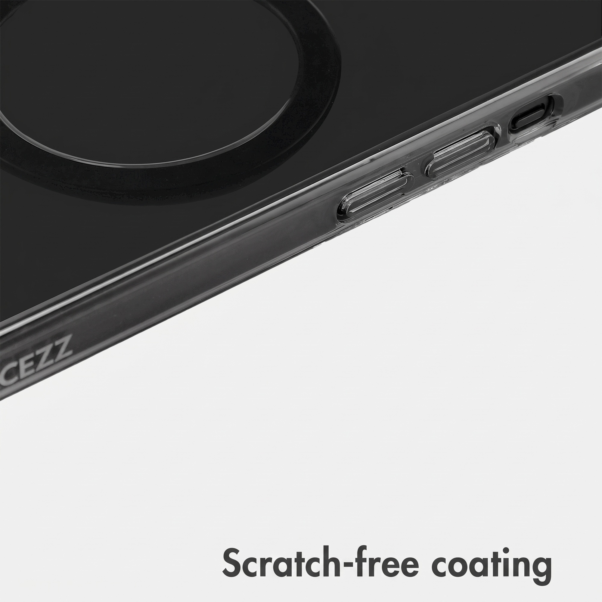 Close-up of a smartphone case showing scratch-free coating and precise cutouts for buttons and ports.