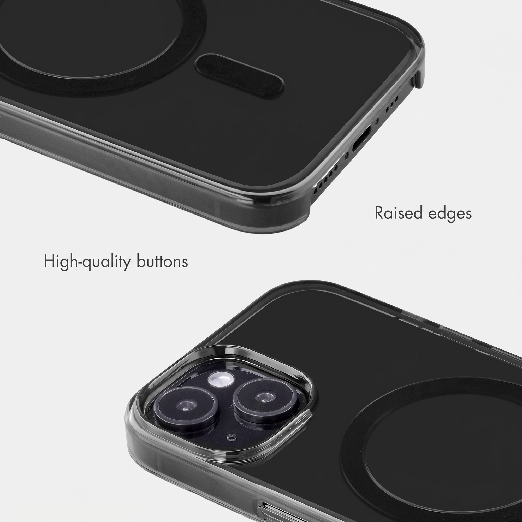 Black smartphone case with MagSafe circle and camera cutout, featuring labels like Raised edges.
