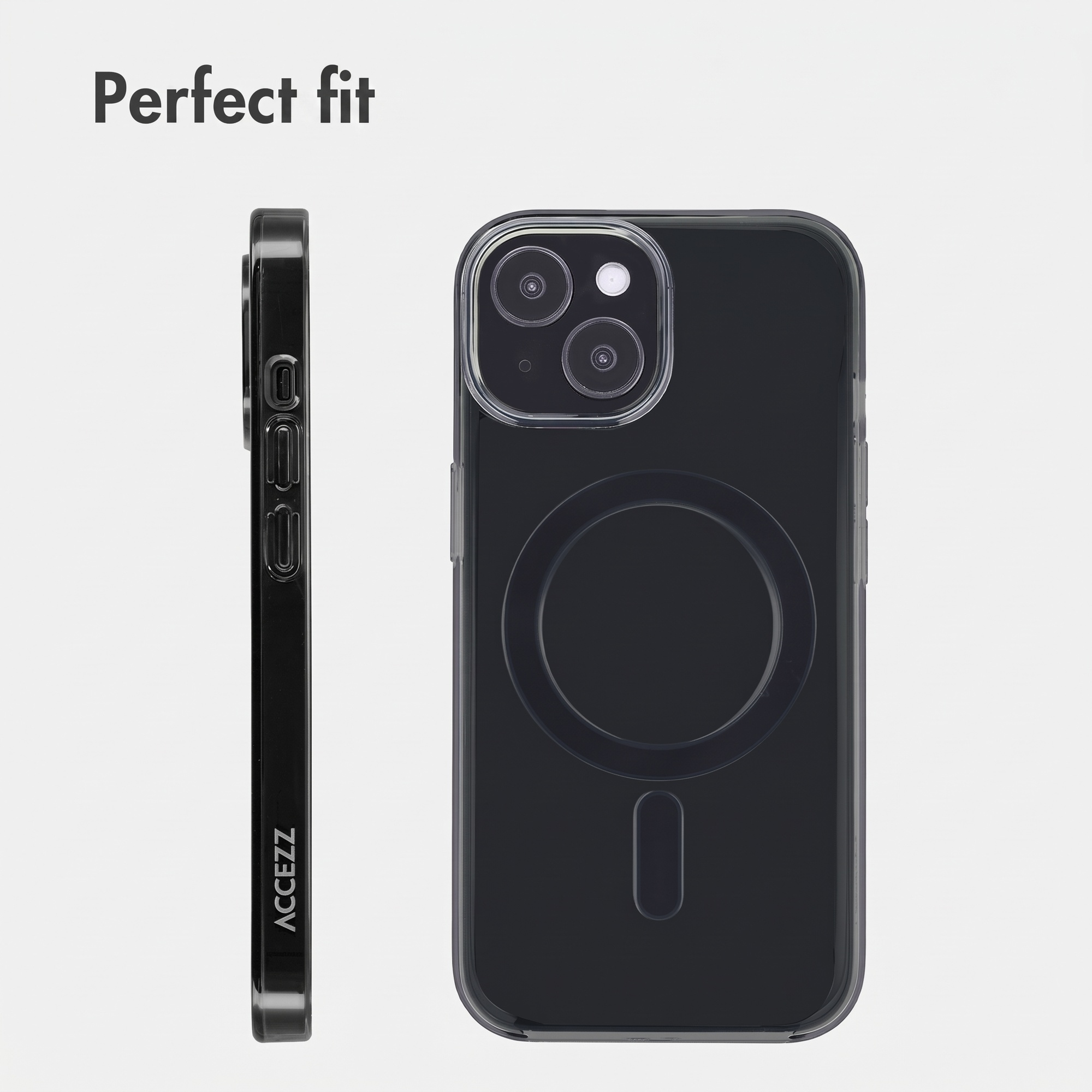 A black smartphone in a clear protective case is shown from the side and back, with the text Perfect fit above.