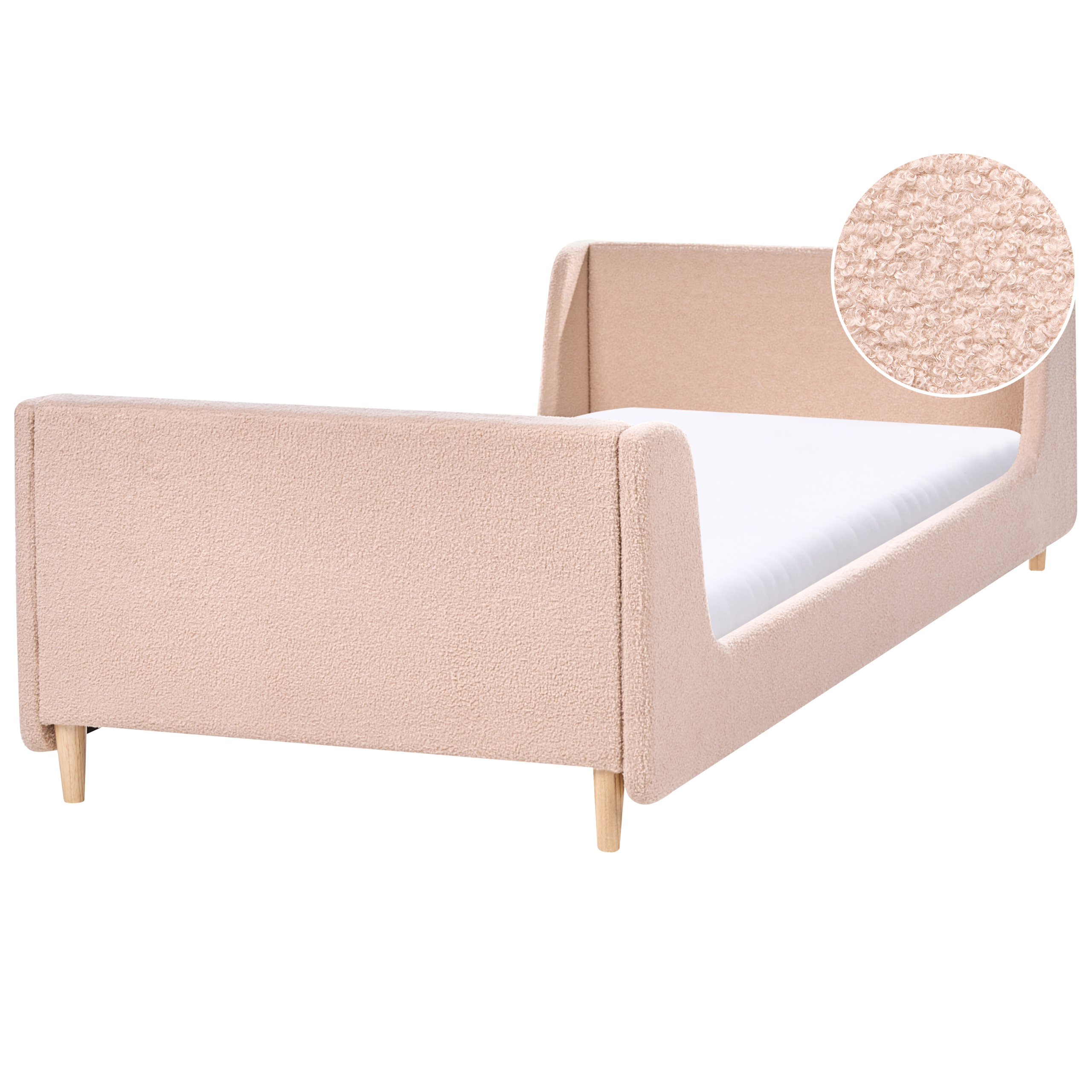Un lettino rosa in tessuto bouclé, lenzuolo bianco e gambe in legno, con cerchio di dettaglio della texture.