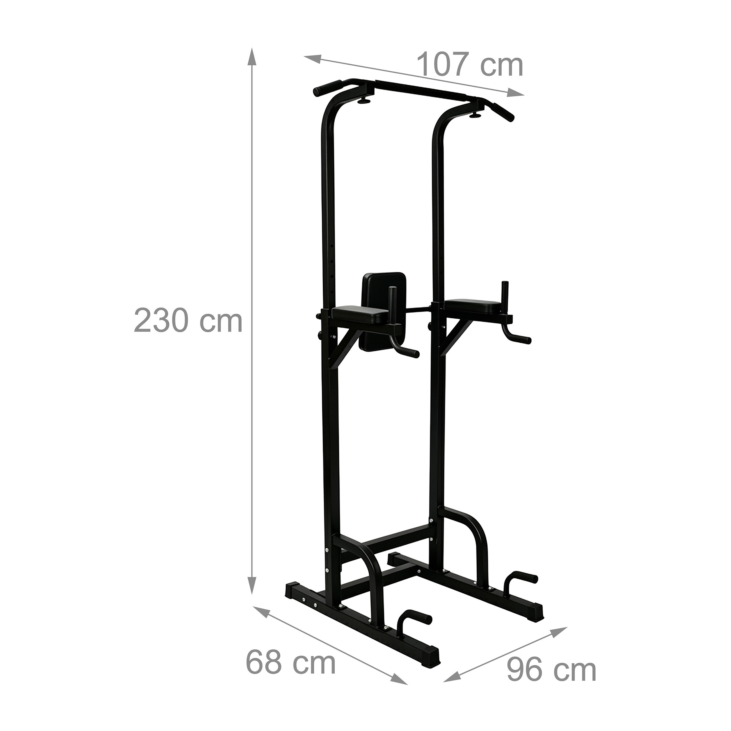 Schwarze Klimmzugstation mit Maßen: 230 cm Höhe, 107 cm Breite, 96 cm Tiefe und 68 cm Fußbreite.