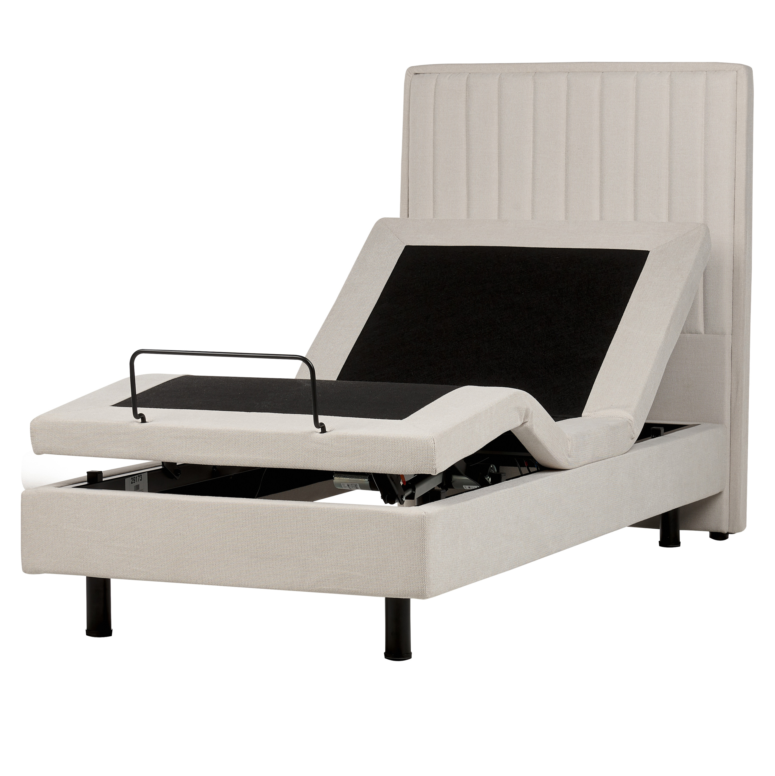 Letto regolabile beige con struttura in metallo nero e testiera trapuntata alta su sfondo bianco.