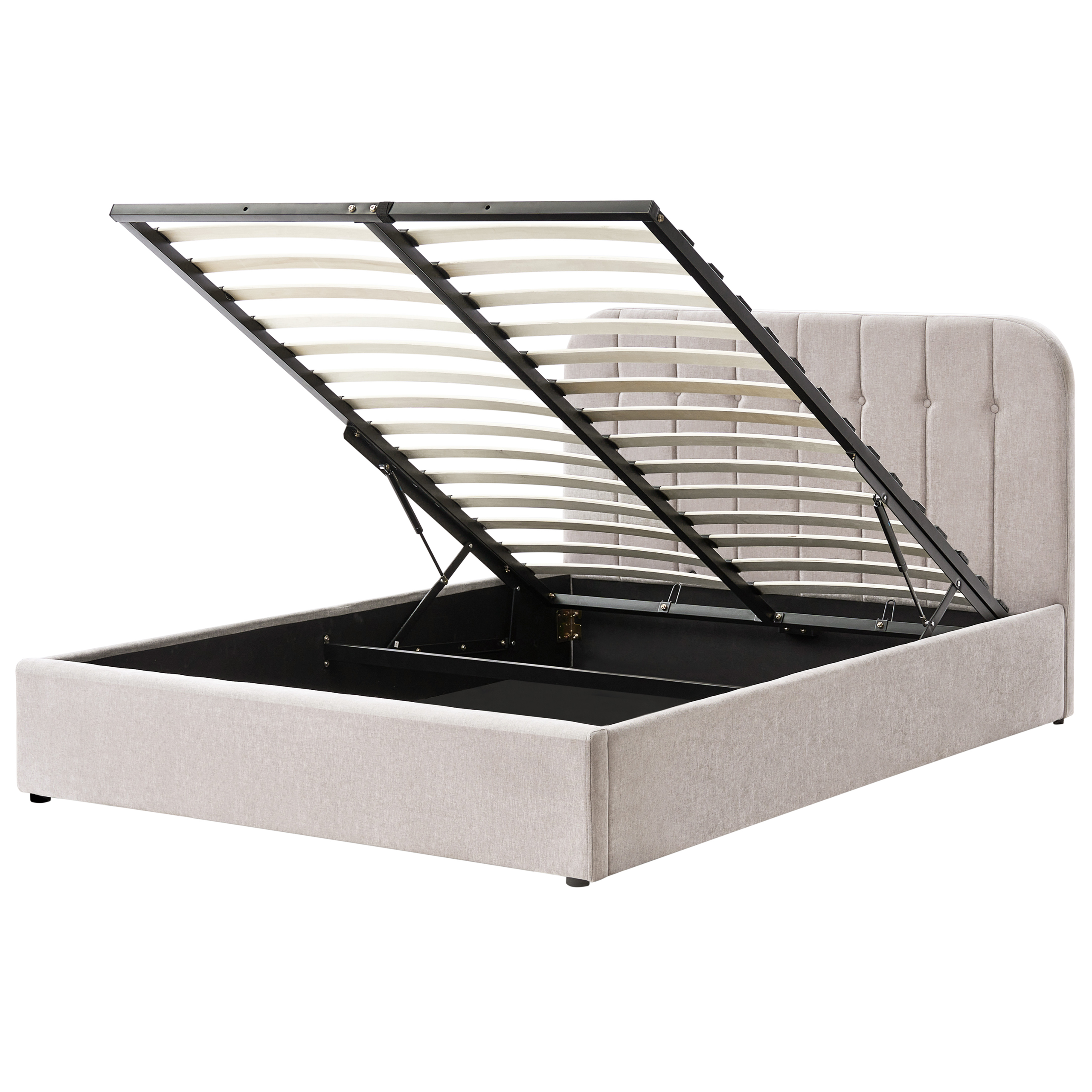 Letto imbottito beige con rete a doghe aperta e contenitore.
