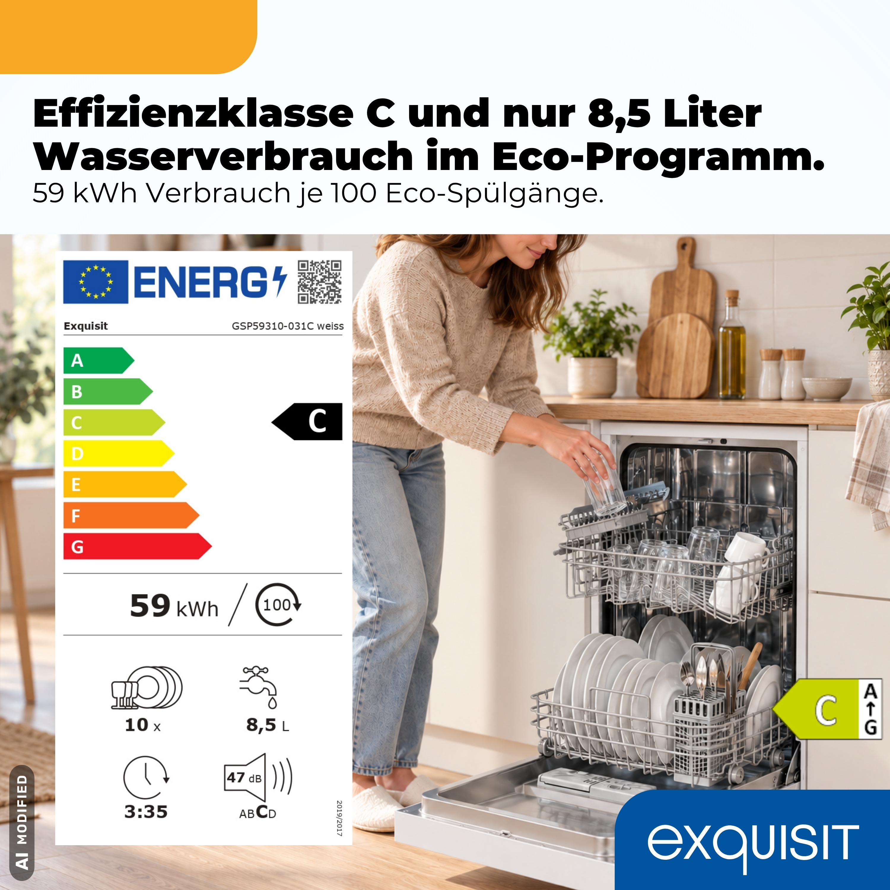 Energielabel mit Klasse C und Geschirrspüler mit Frau, die Gläser einräumt.