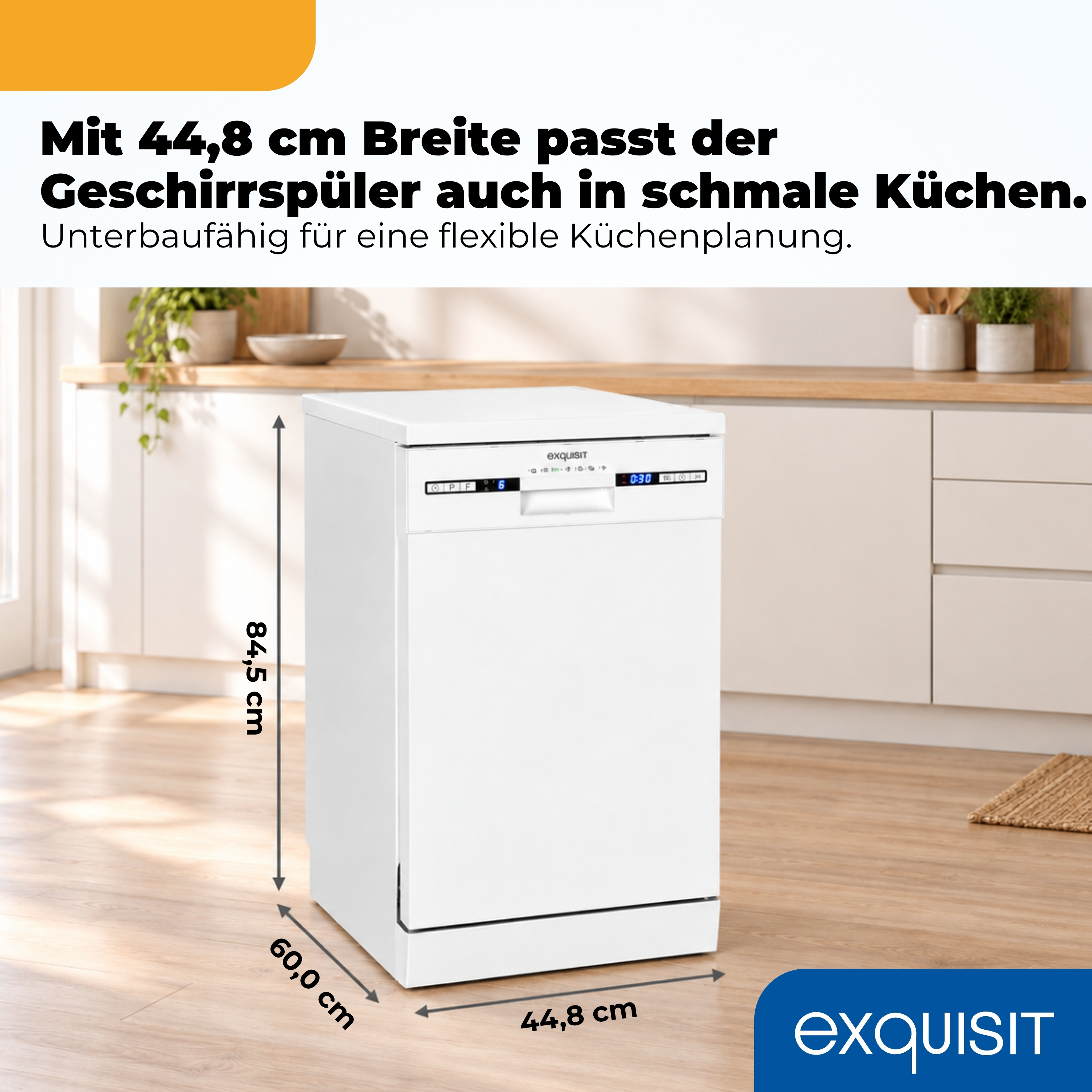 Ein weißer Exquisit-Geschirrspüler mit Maßen in einer modernen Küche.