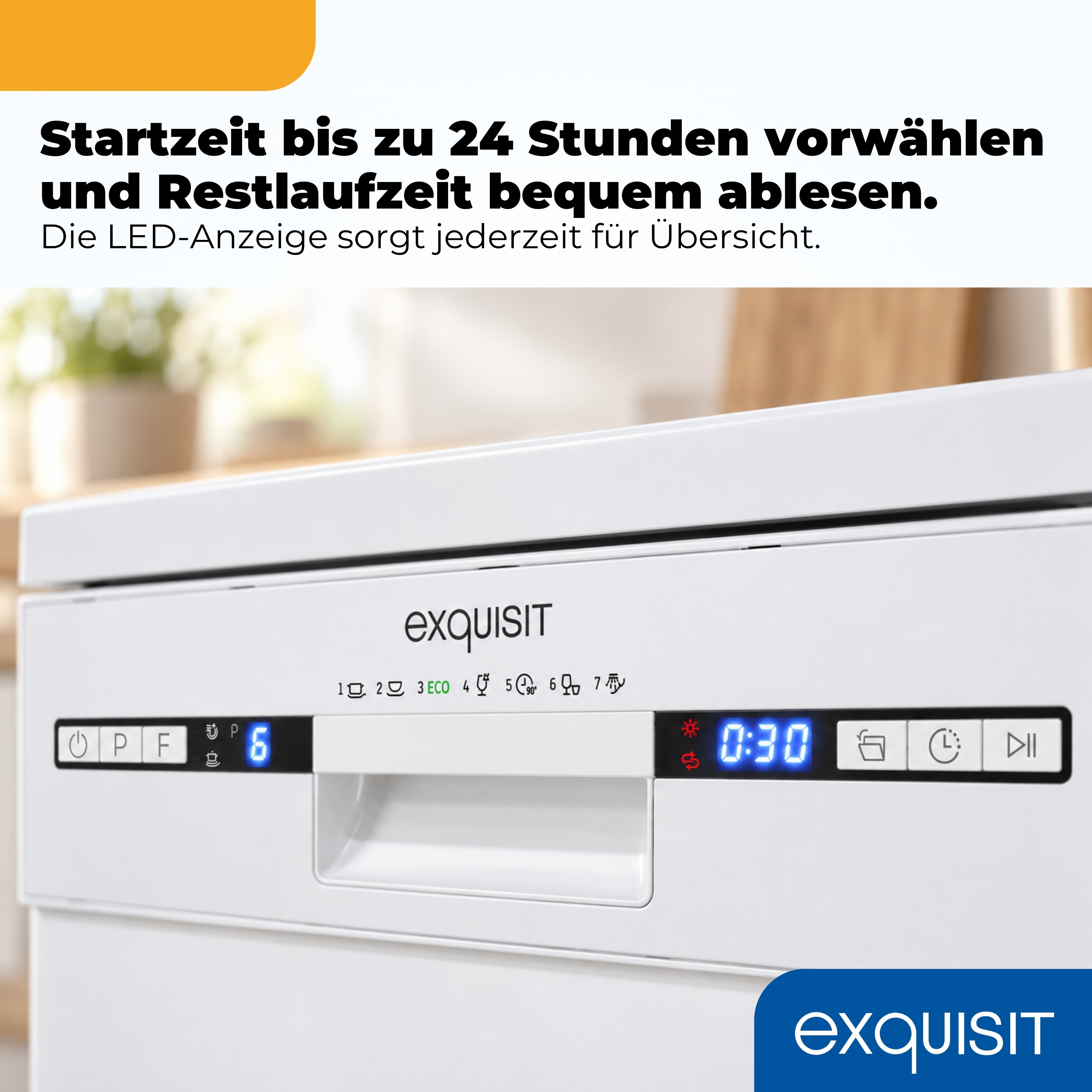 Exquisit Spülmaschine mit LED-Anzeige und Startzeitvorwahl.