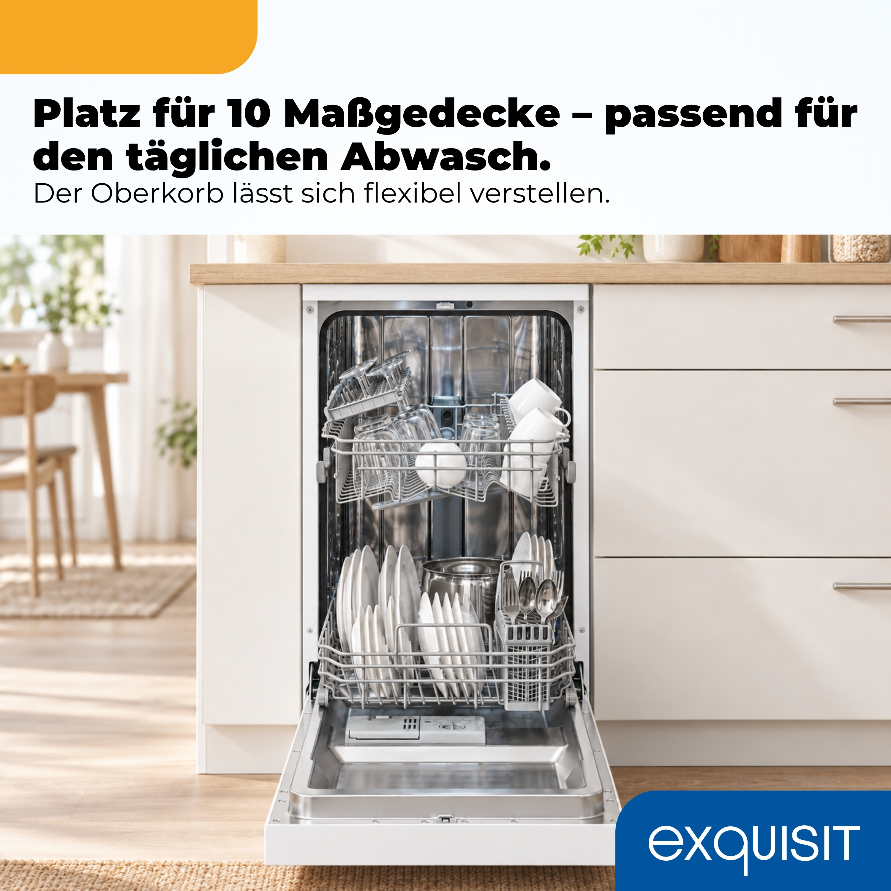 Geöffnete weiße Spülmaschine in einer modernen Küche mit gefüllten Körben und Text.