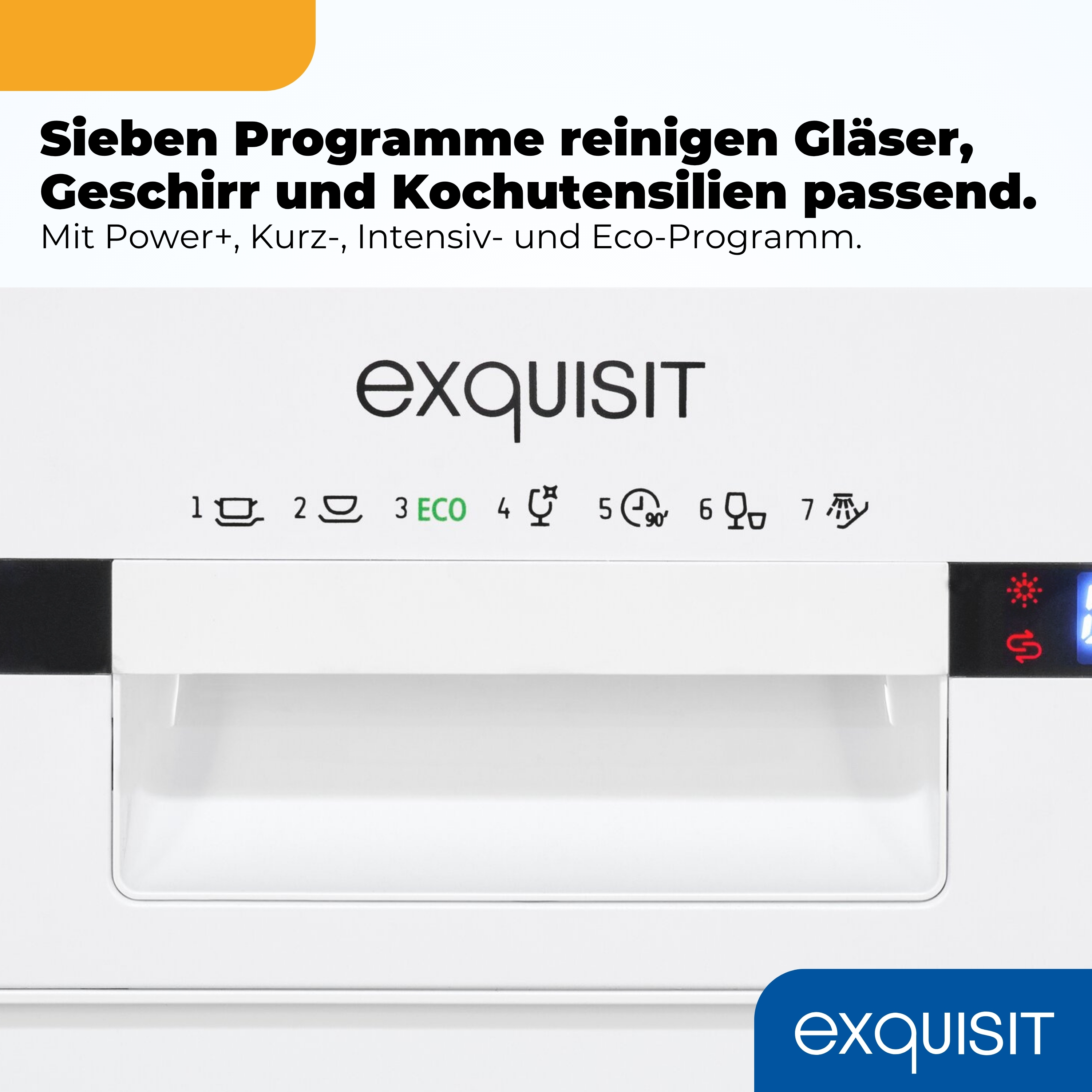 Exquisit Spülmaschinen-Bedienfeld mit deutschem Text und sieben Programmsymbolen.