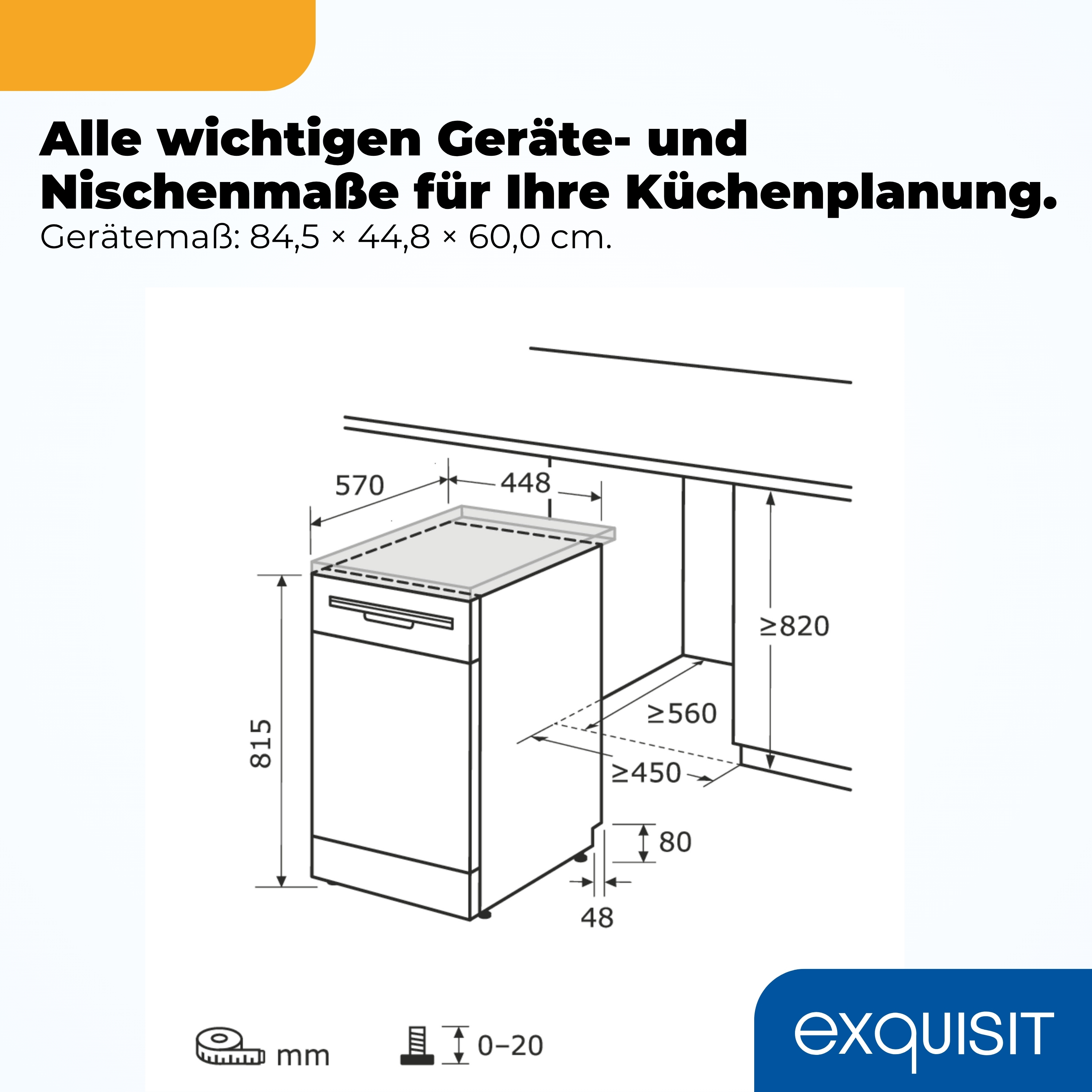 Technische Zeichnung von Maßen einer Spülmaschine für die Küchenplanung.
