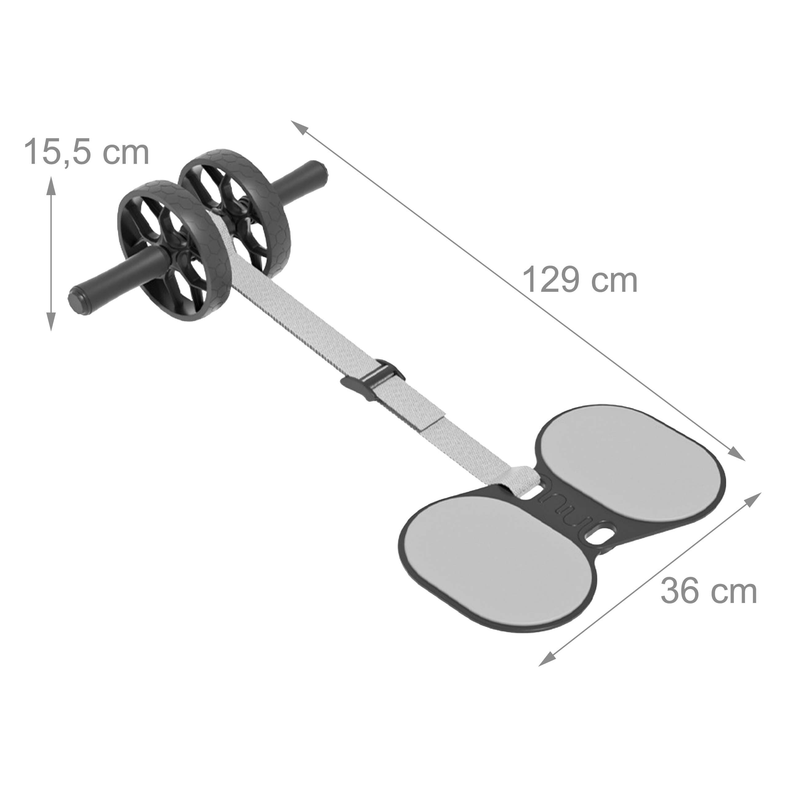 Ein Bauchroller mit Doppelrollen, Griff, Gurt und Fußplatte, mit Maßen von 15,5 cm, 129 cm und 36 cm.