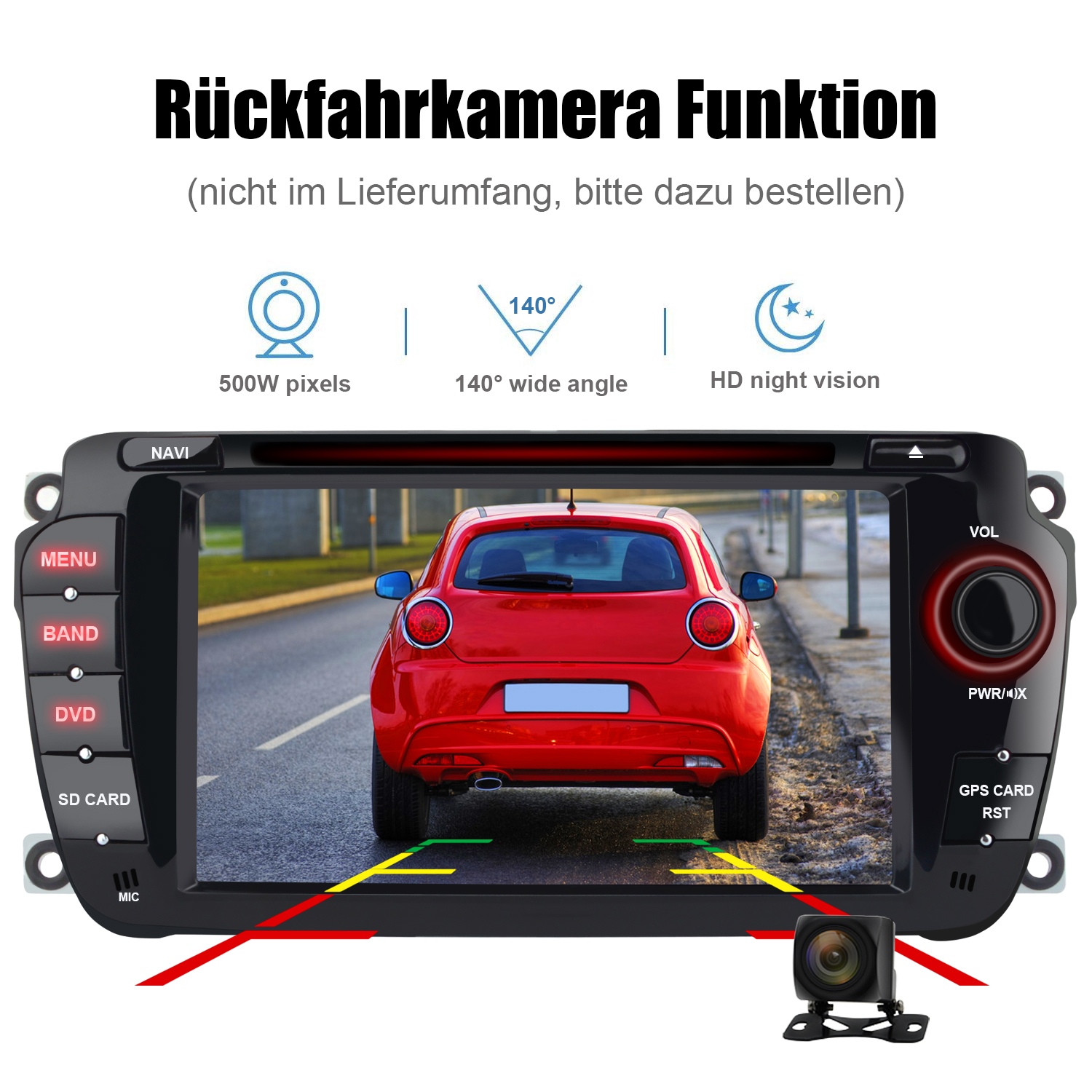 Autostereo-Display zeigt die Rückfahrkameraansicht eines roten Autos mit roten Hilfslinien an.