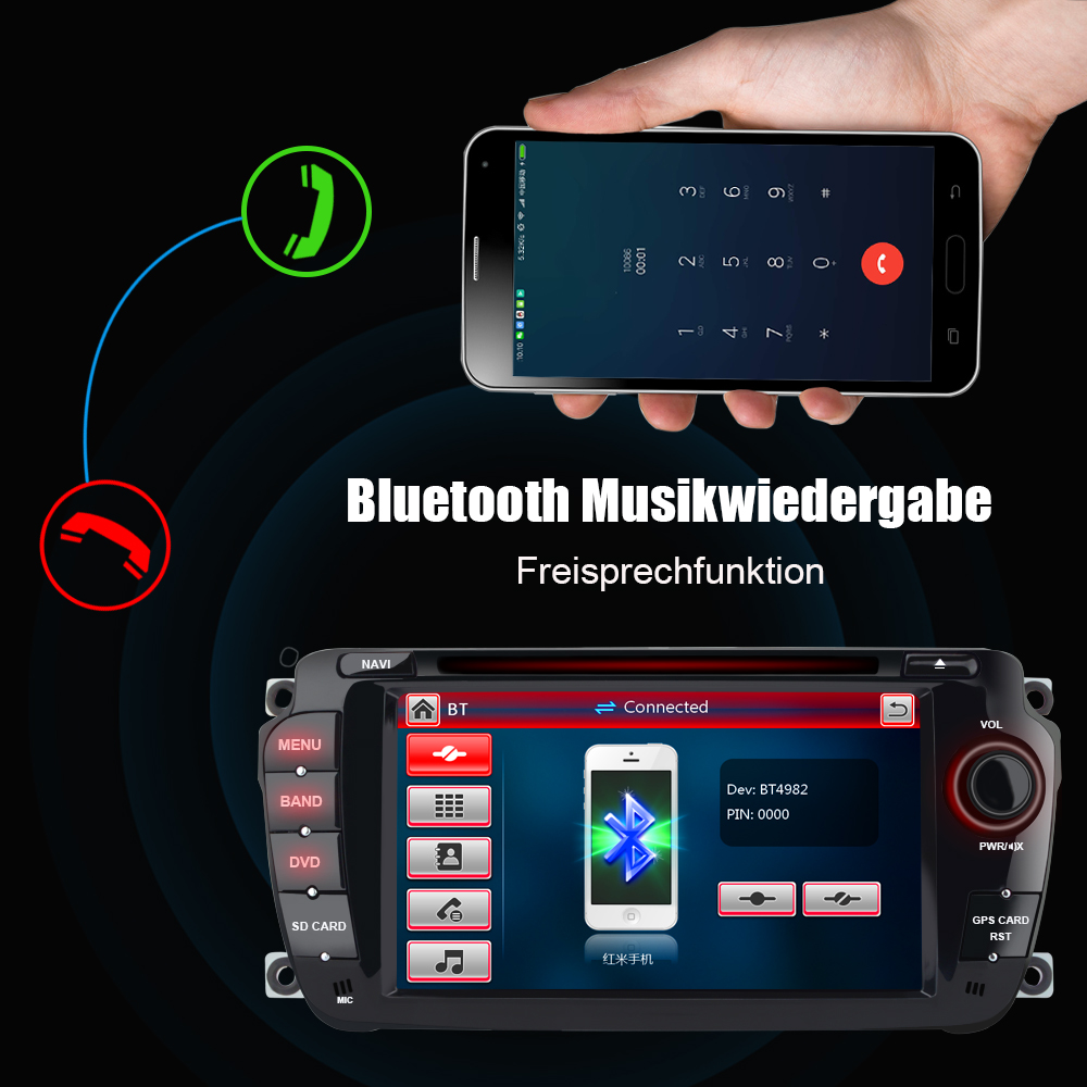 Auto-Radio-Display zeigt Bluetooth-Verbindung zu einem Smartphone, mit deutscher Textüberlagerung.