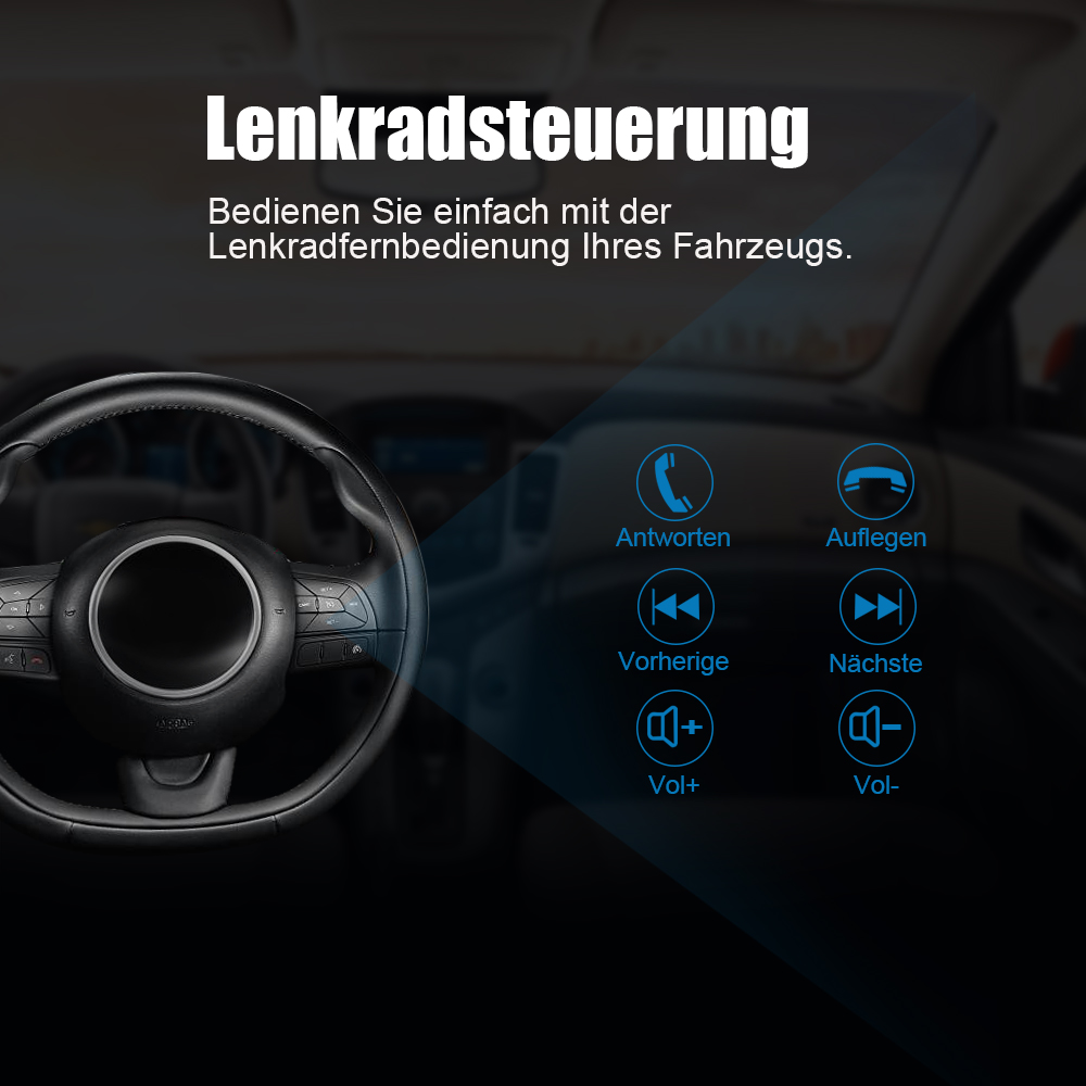 Lenkradsteuerung mit Symbolen für Anruf, Medien und Lautstärke im Auto.