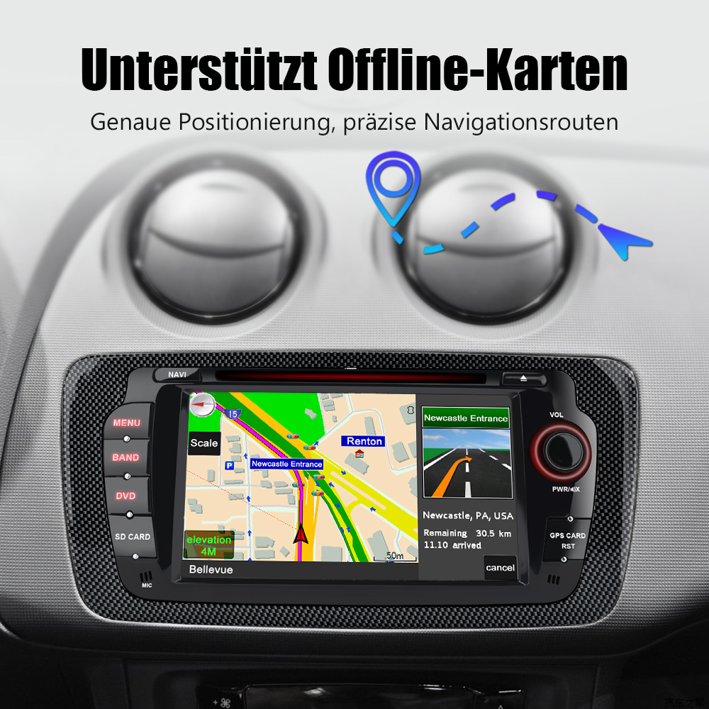 Ein Car-Audio-System zeigt eine Offline-Navigationskarte mit Routenführung und Positionsmarkern.