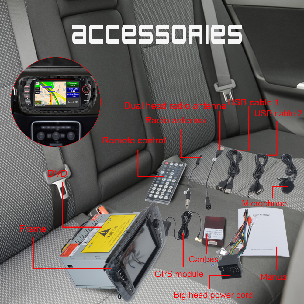 Autoteile-Zubehör wie GPS, Antennen, Kabel und Handbuch auf einem Autositz.
