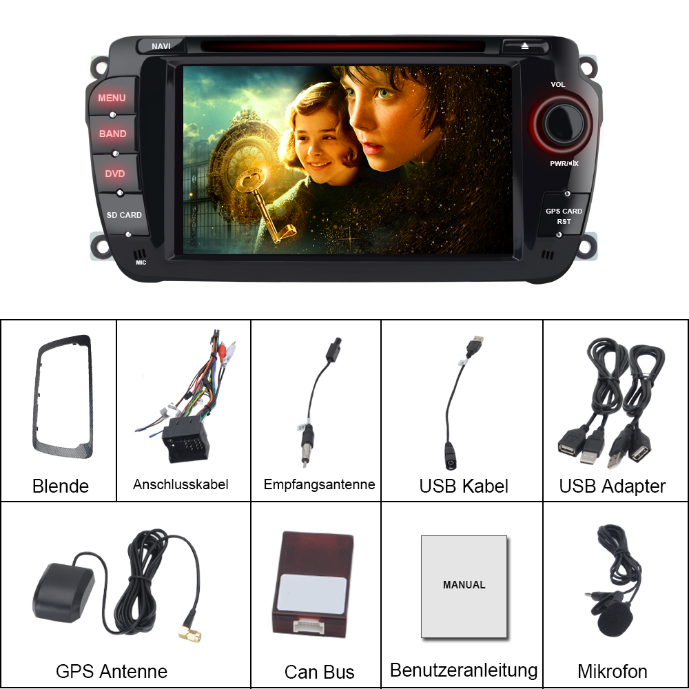 Autostereo-Einheit mit Display und Zubehör wie Kabel, GPS, Antenne und Mikrofon.