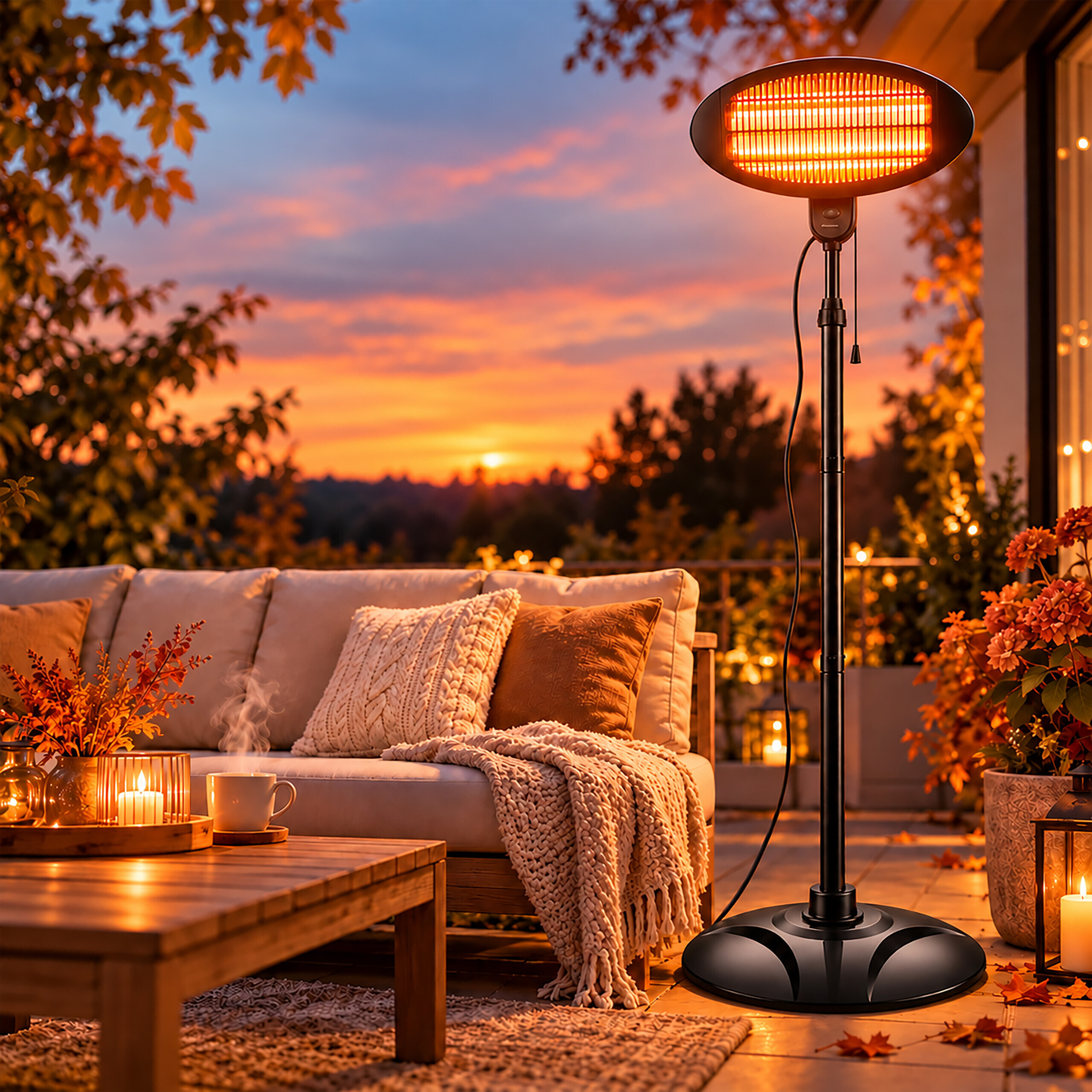 Beheizter Balkon im Herbst mit brennender Lampe, Sofa, Kissen und einer rauchenden Tasse.