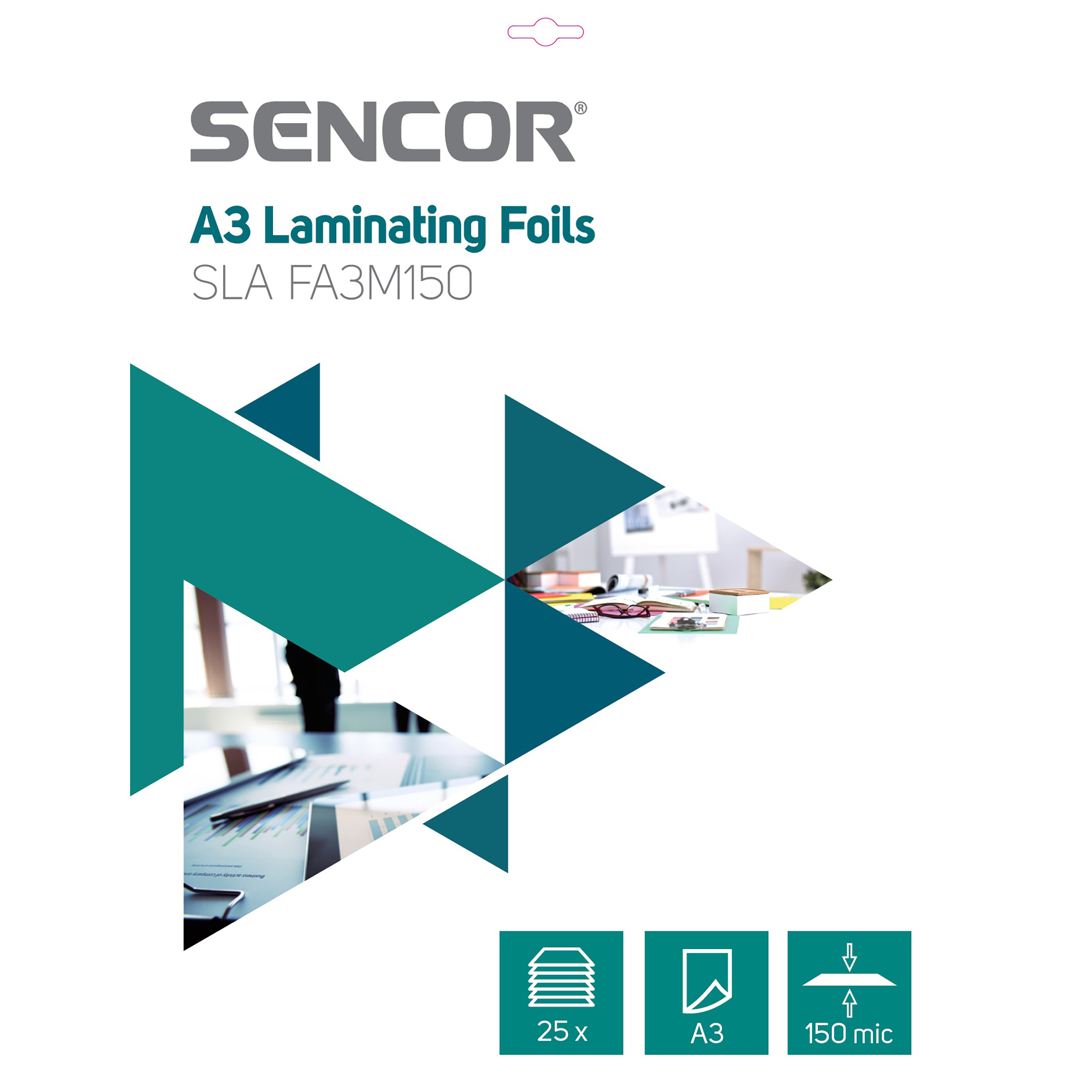 Opakowanie produktu do folii do laminowania Sencor A3 SLA FA3M150 z geometrycznym wzorem.