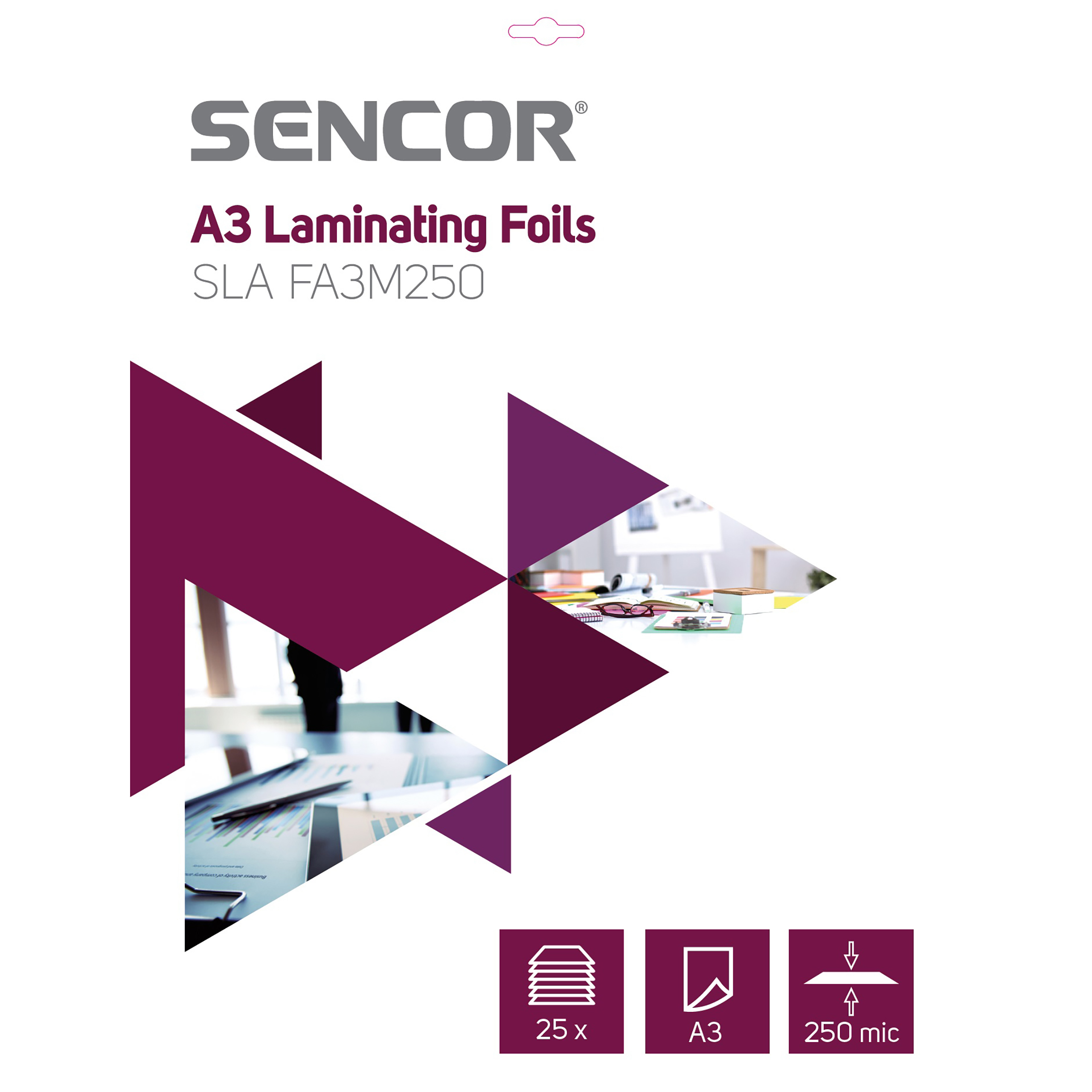 Opakowanie folii do laminowania Sencor A3 z fioletową grafiką trójkątną i ikonami.