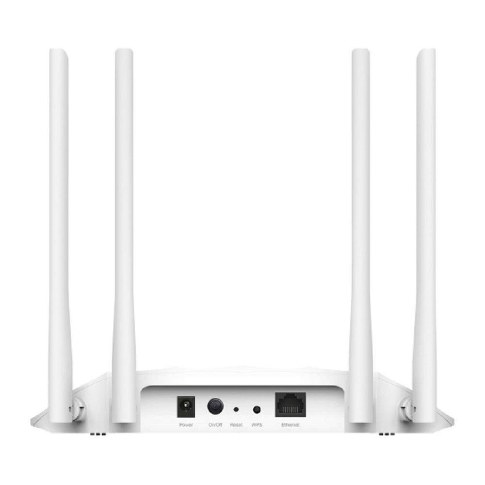 Rückansicht eines weißen WLAN-Routers mit vier Antennen und verschiedenen Anschlüssen.