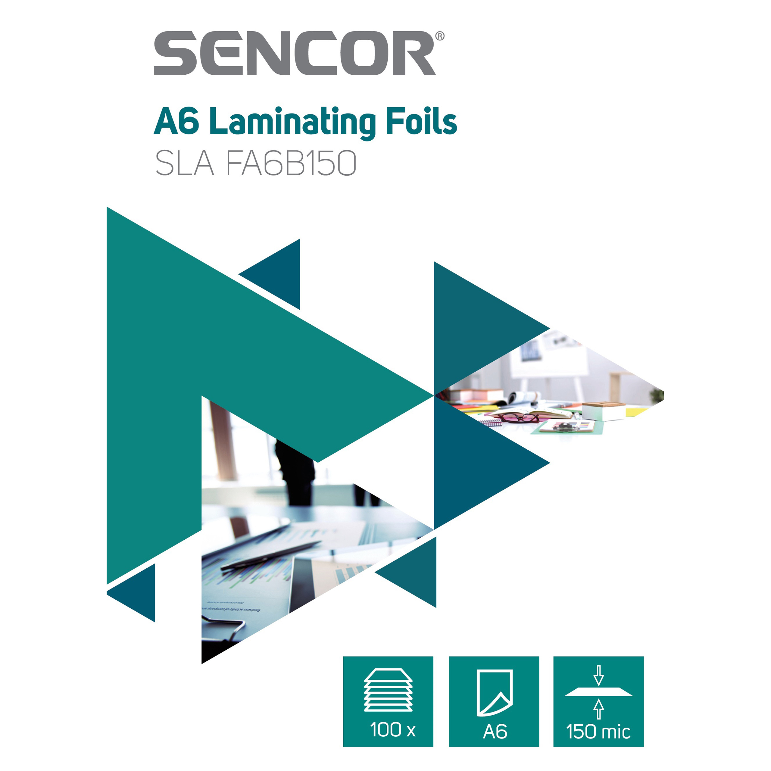 Folie do laminowania Sencor A6 SLA FA6B150, 100 sztuk, 150 mikronów, z grafiką biurową.