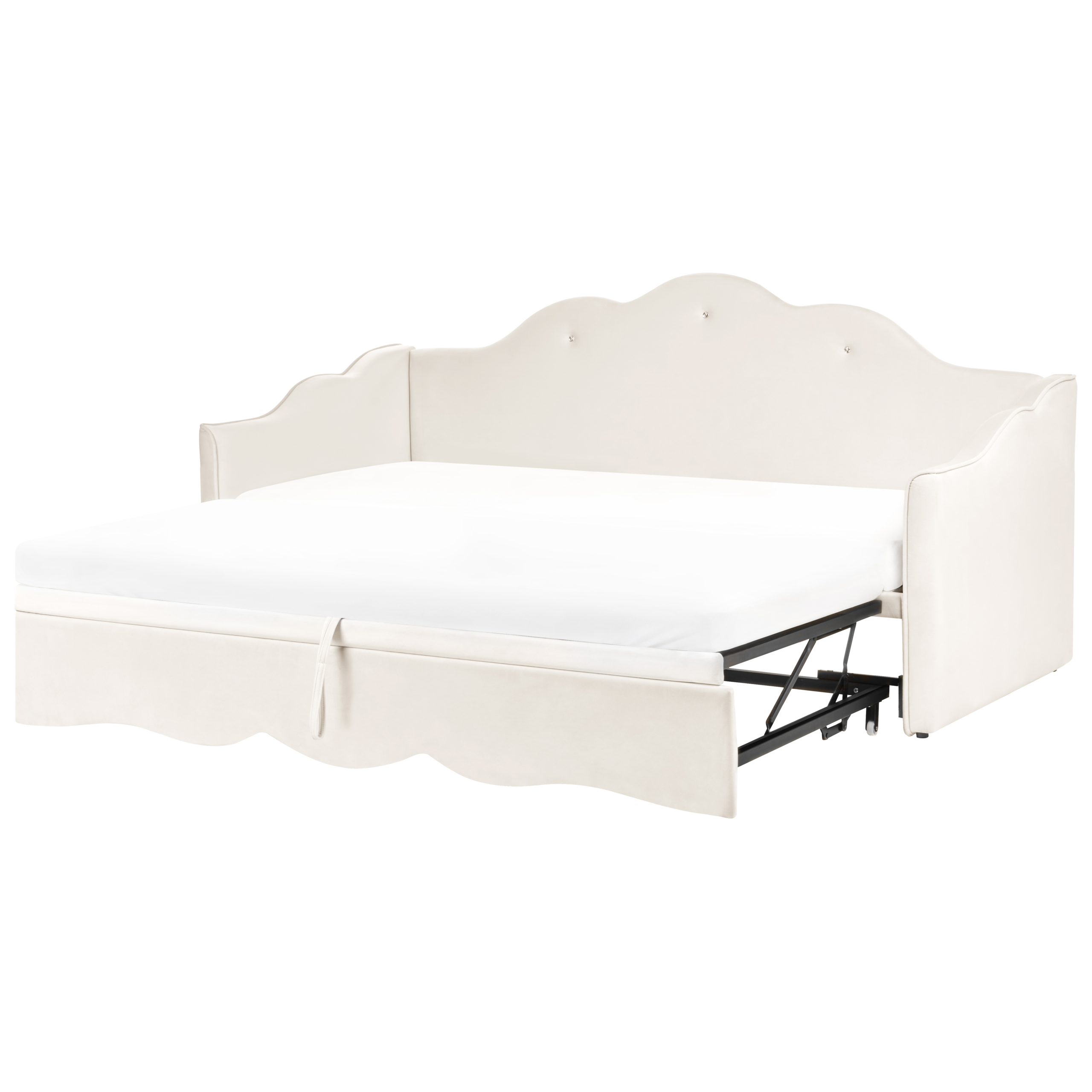 Un daybed in velluto beige con meccanismo a estrazione e materasso bianco.