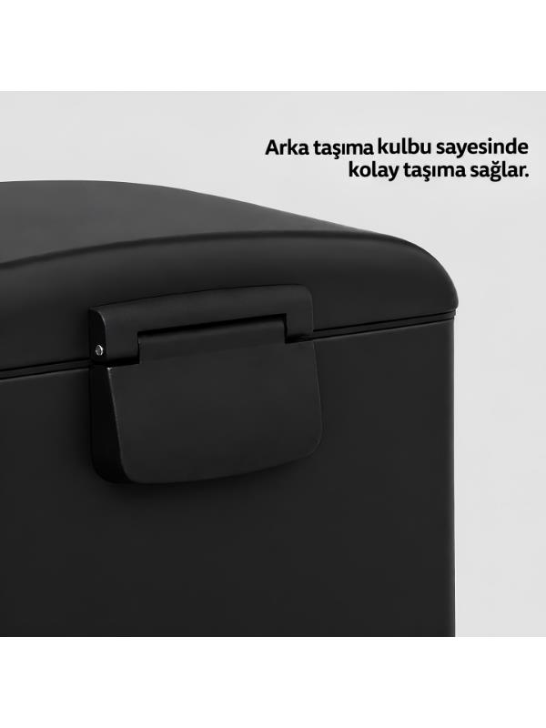 Mandalı olan siyah bir çöp kutusu ve üstte Türkçe yazı.