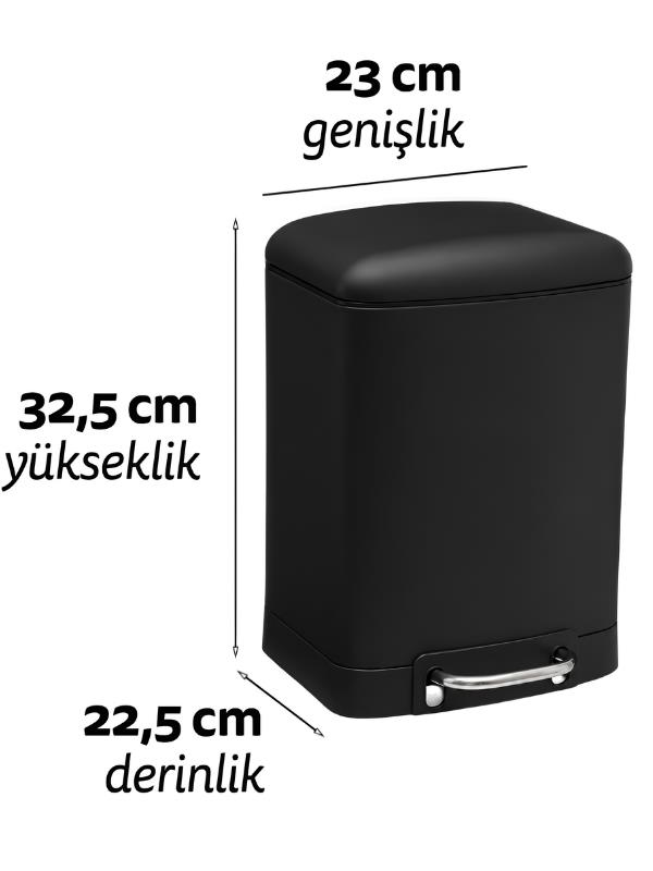 Siyah çöp kovası, 23 cm genişlik, 32,5 cm yükseklik, 22,5 cm derinlik ölçüleriyle.