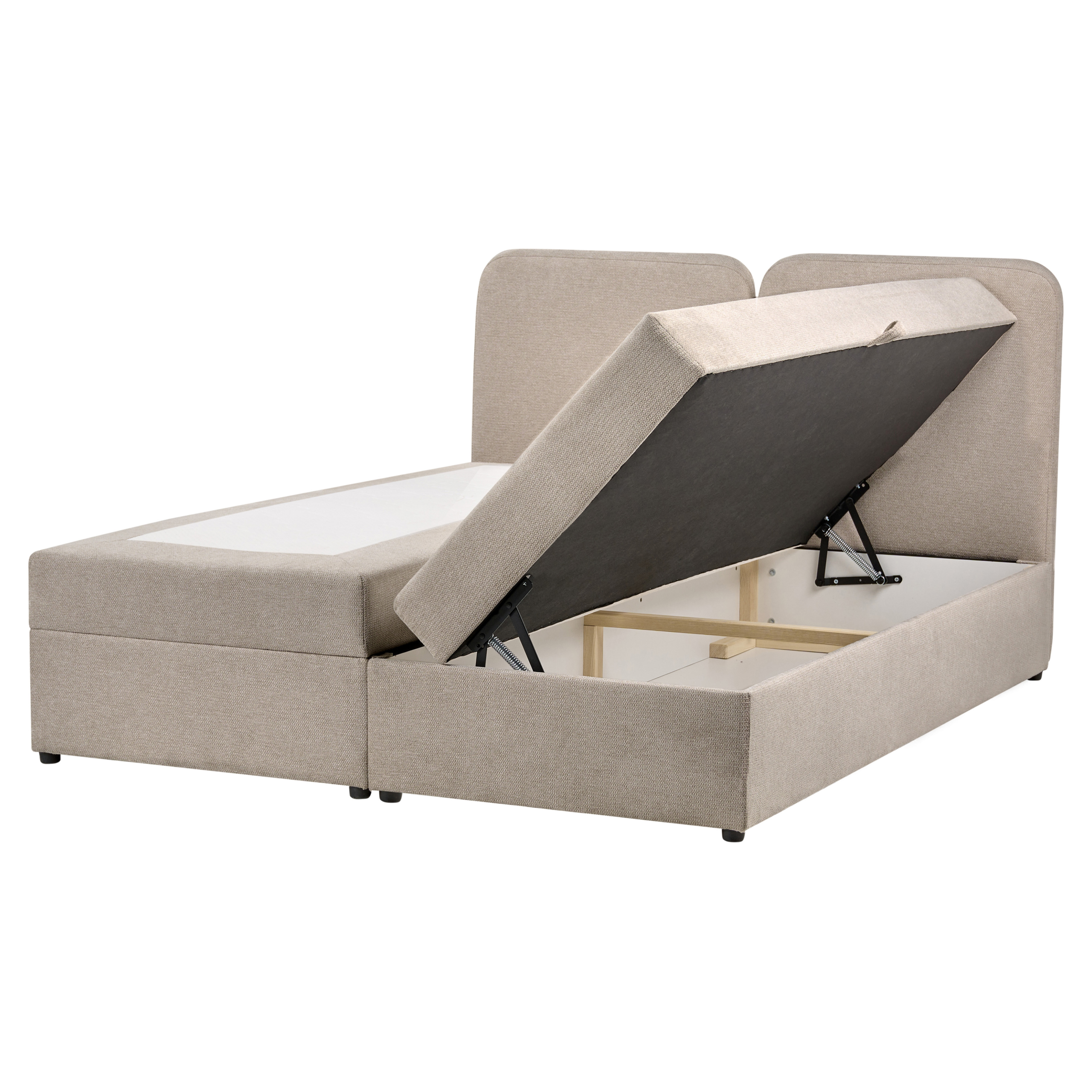 Struttura per letto matrimoniale beige con una base del materasso sollevata, che rivela lo spazio di archiviazione.