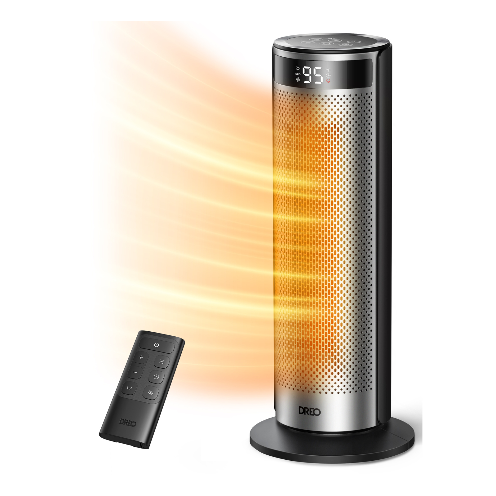 A silver tower space heater with digital display, glowing orange heat waves, and a black remote control.