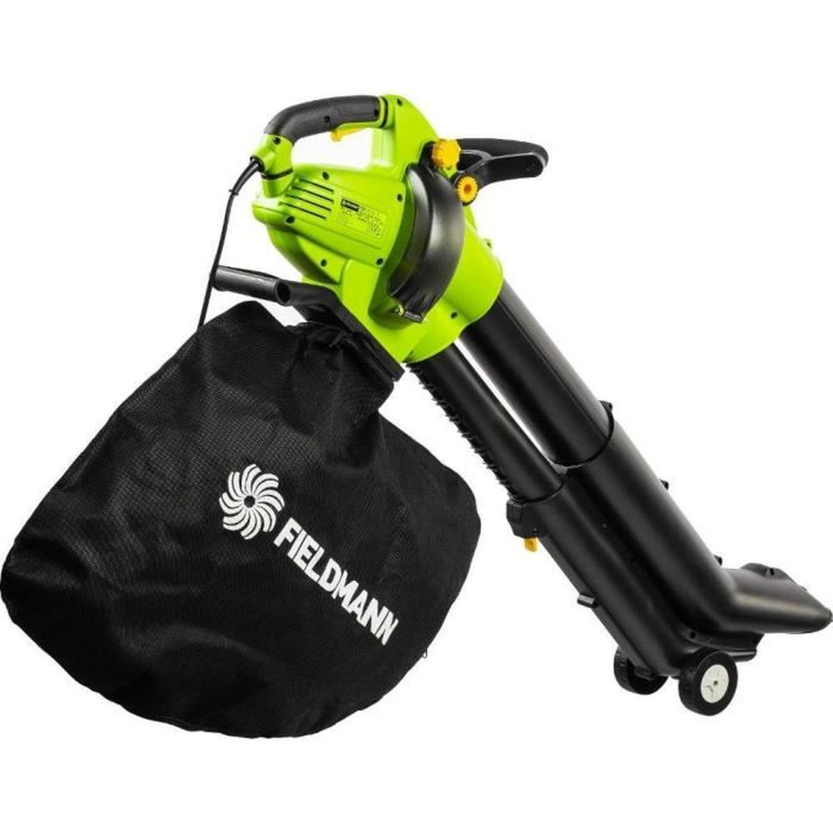 Ein hellgrüner und schwarzer Laubbläser mit angeschlossenem schwarzen Auffangsack.