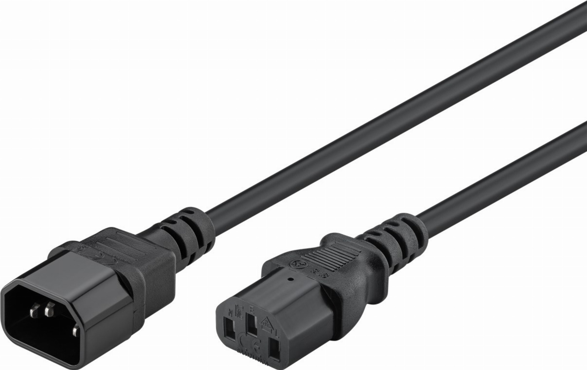 Cable de alimentación negro con conectores macho y hembra sobre fondo blanco.