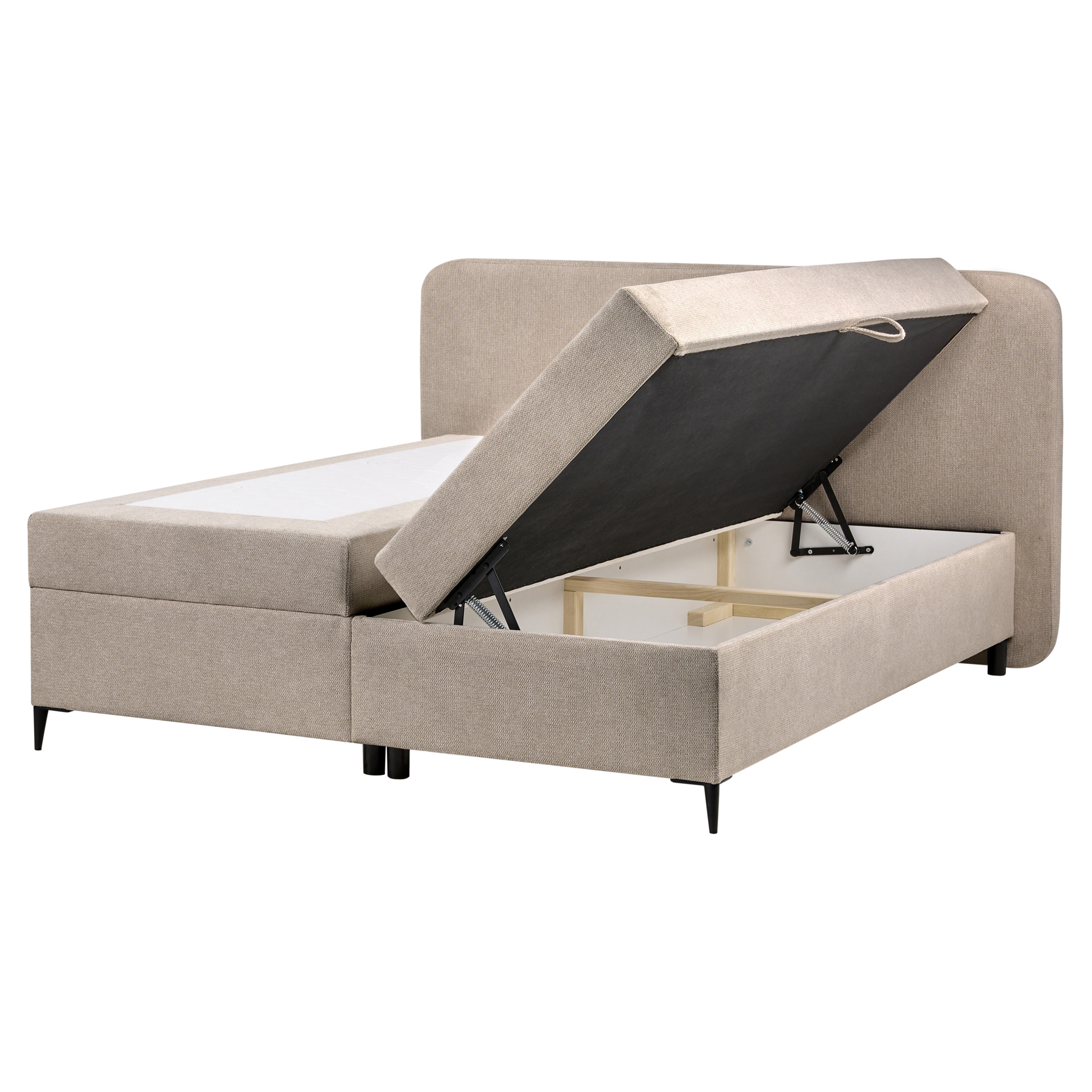 Un letto contenitore imbottito beige con un lato sollevato, che mostra un vano nascosto.