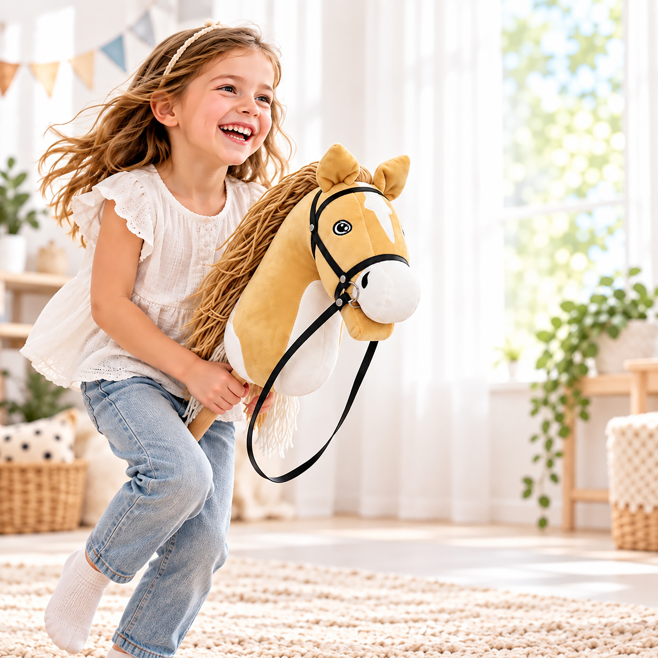 Ein glückliches Mädchen reitet im hellen Zimmer auf einem Steckenpferd.