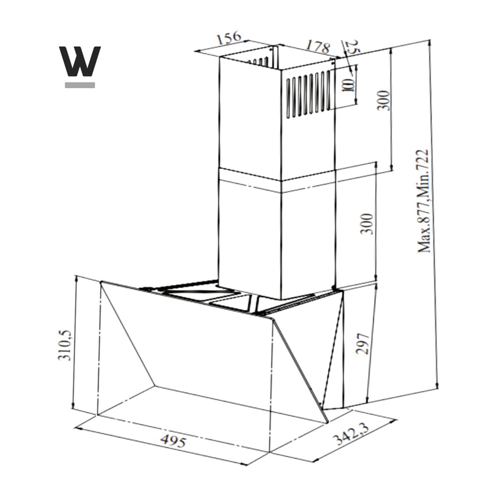 Technical drawing of a cooker hood with dimensions in millimeters.