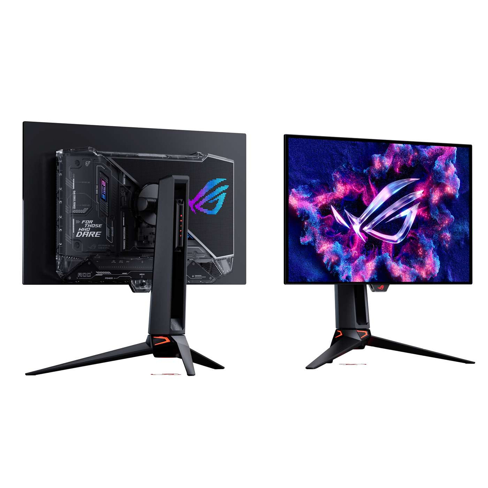 Vorder- und Rückansicht eines Gaming-Monitors mit RGB-Beleuchtung auf einem Ständer vor weißem Hintergrund.