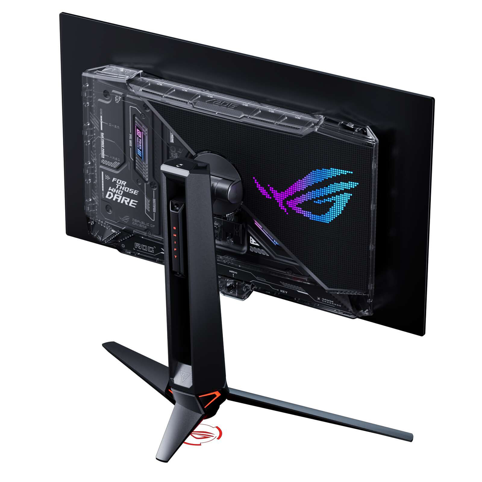 Rückseite eines ASUS ROG Gaming-Monitors auf schwarzem Standfuß mit transparentem Platinendesign und leuchtendem Logo.