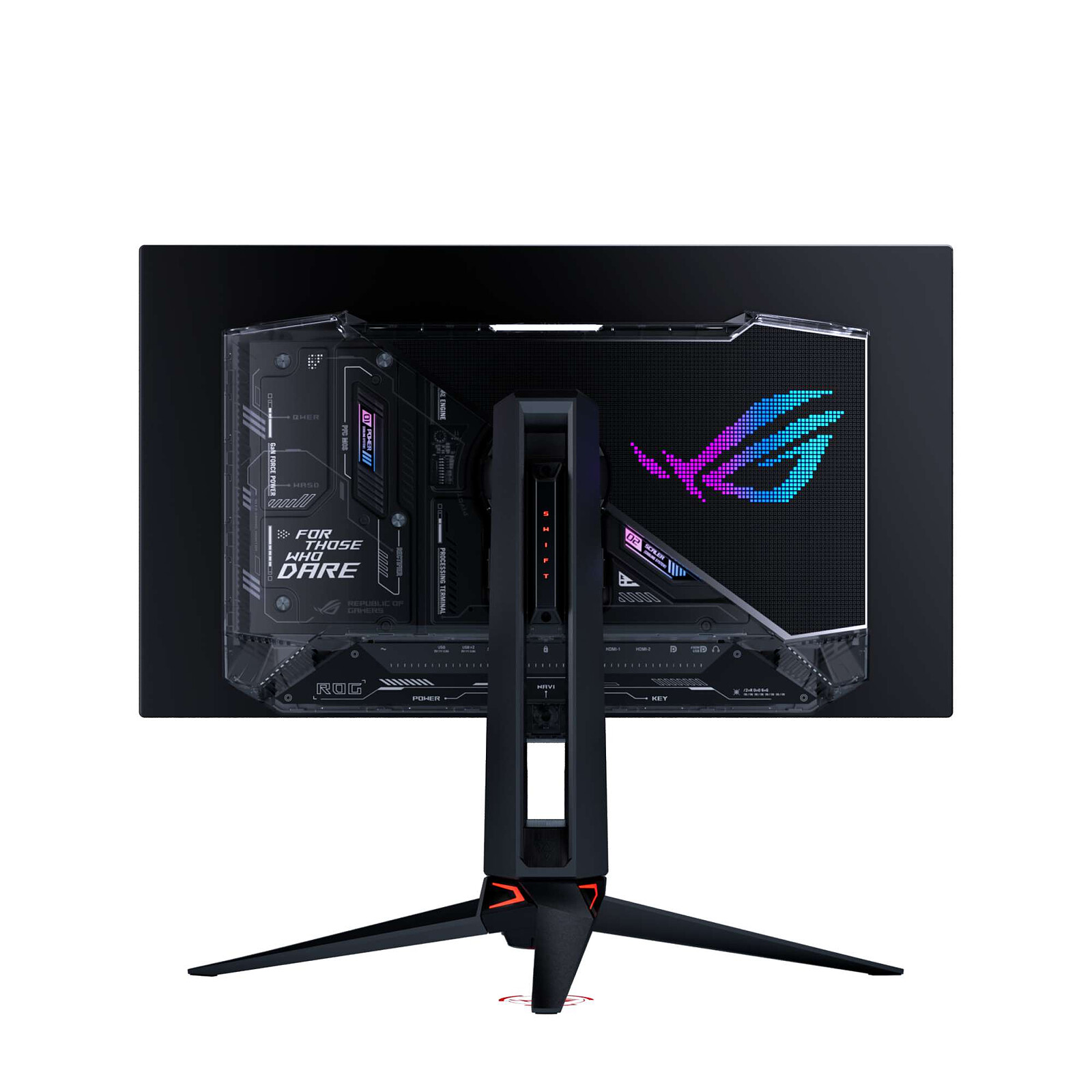 Die Rückseite eines Asus ROG Monitors zeigt ein transparentes Design mit integrierter Elektronik und RGB-Beleuchtung.