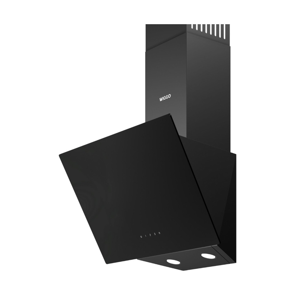 A modern black inclined kitchen hood with touch controls and two lit bottom lights against a white background.