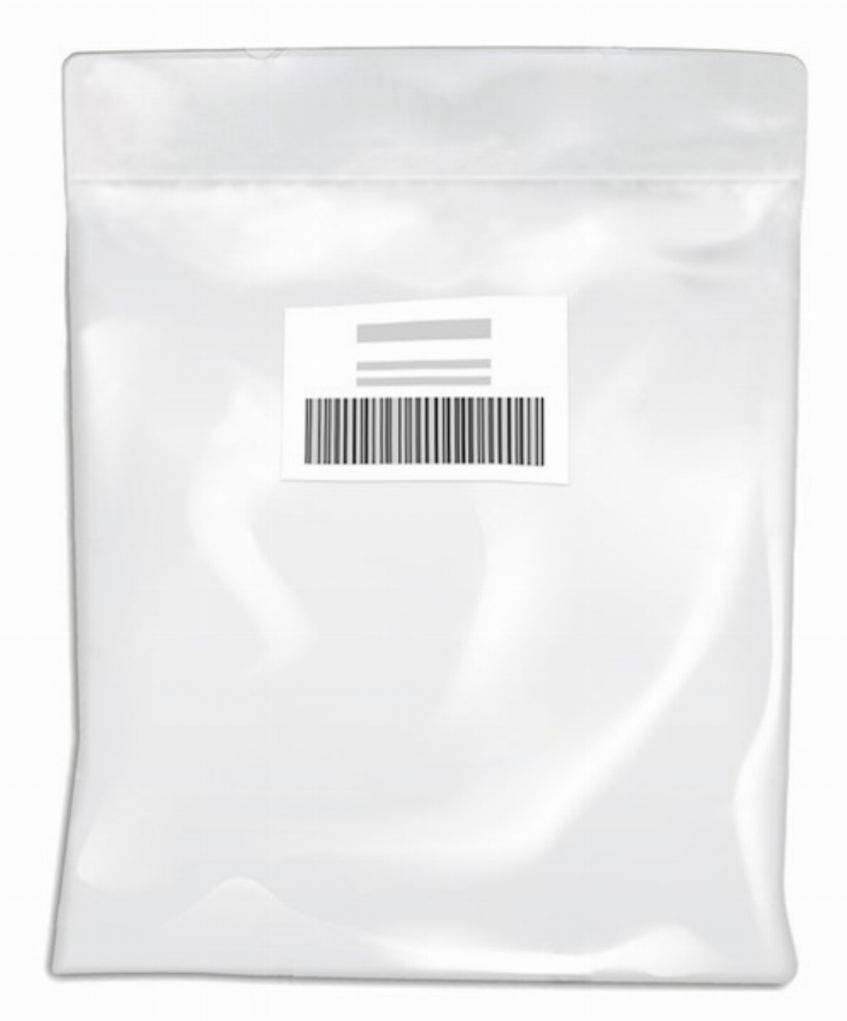 Una bolsa de plástico transparente con cierre y una etiqueta blanca con un código de barras.