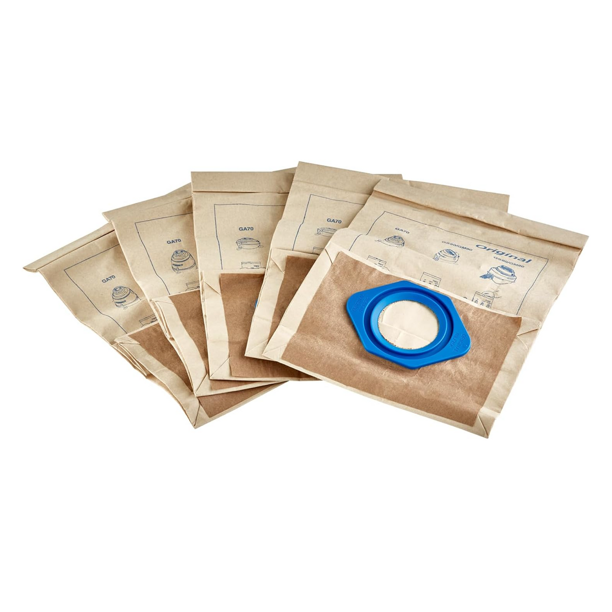 Fünf braune Staubsaugerbeutel aus Papier mit blauer Plastikmanschette.