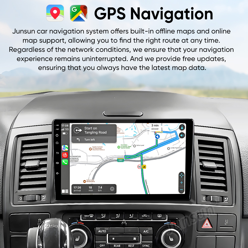 Autó műszerfal beépített GPS navigációs képernyővel, amely digitális térképet mutat.