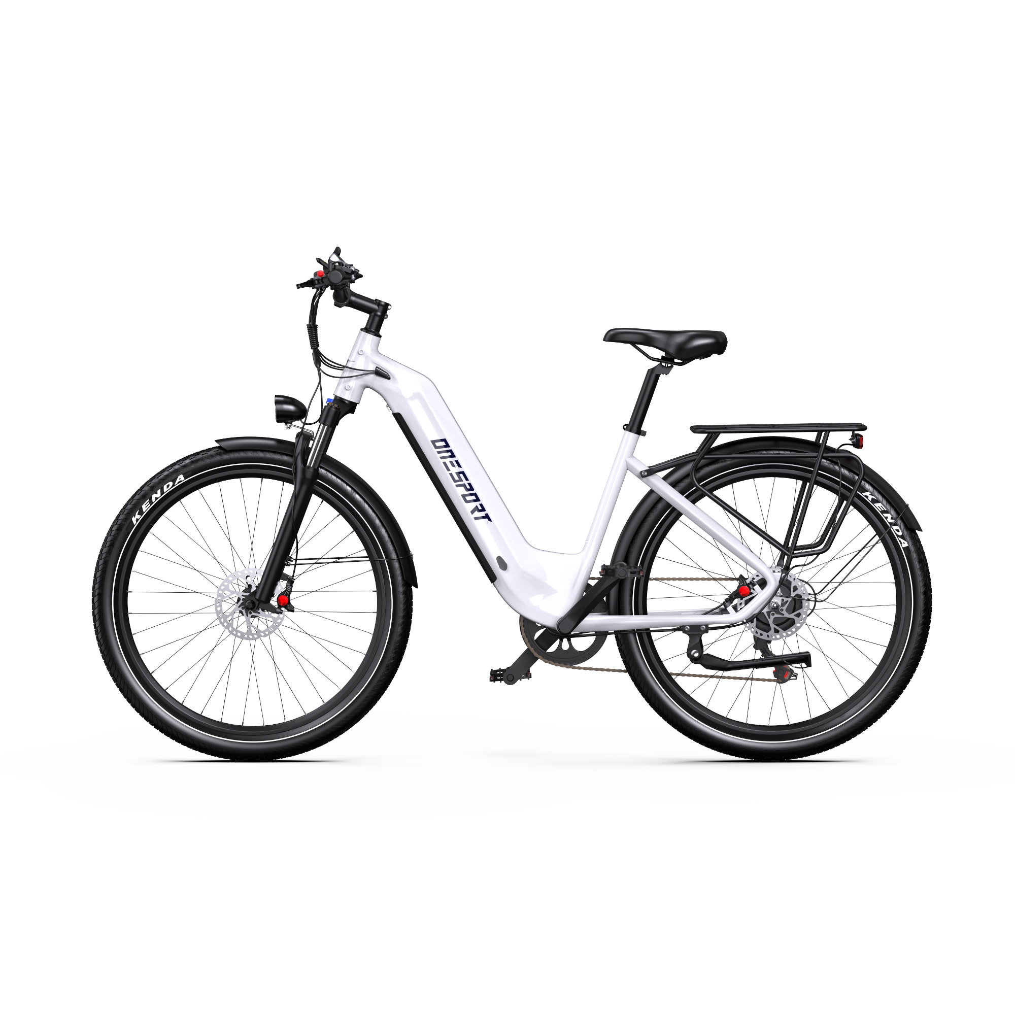 Bicicleta eléctrica blanca de cuadro bajo con portaequipajes negro y neumáticos Kenda sobre fondo blanco.